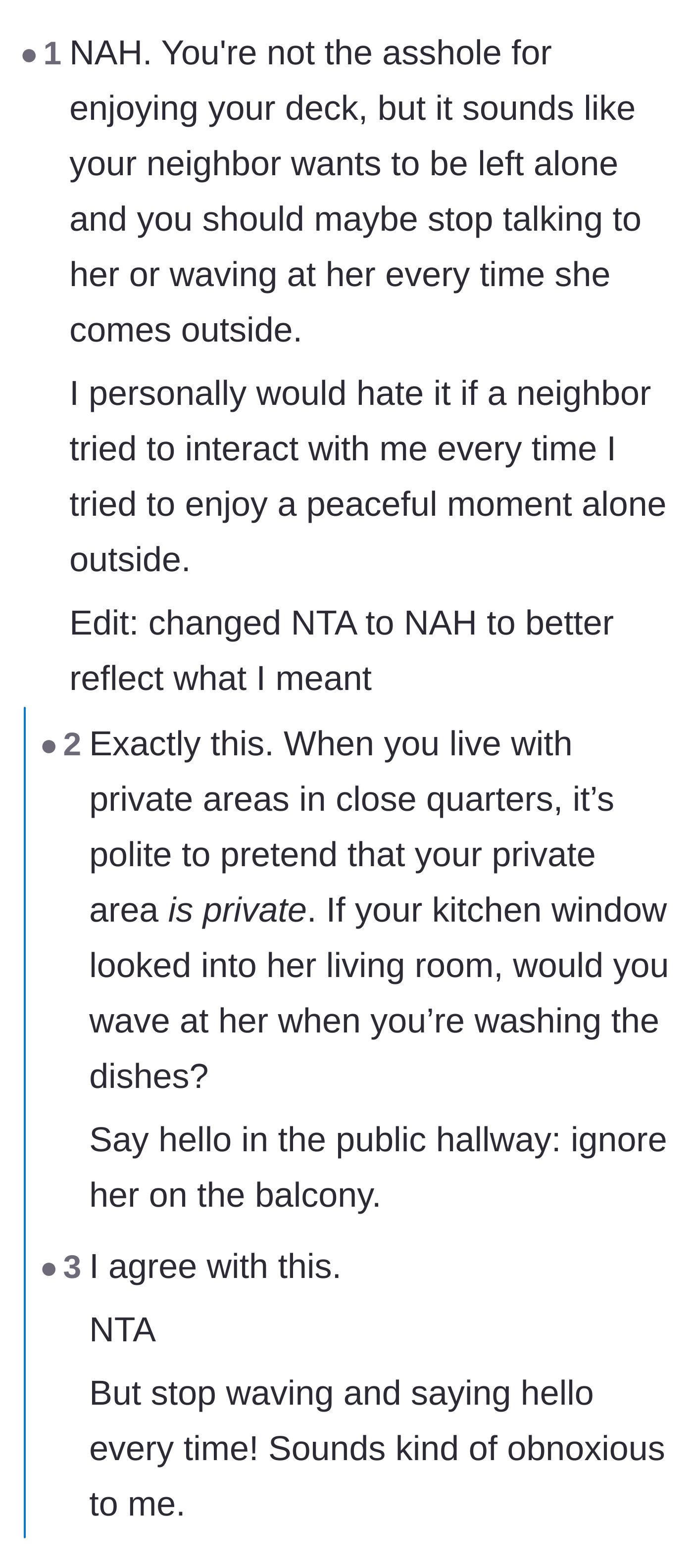 Comment thread 3 - A conversation about the polite social contract of ignoring neighbors in shared private spaces