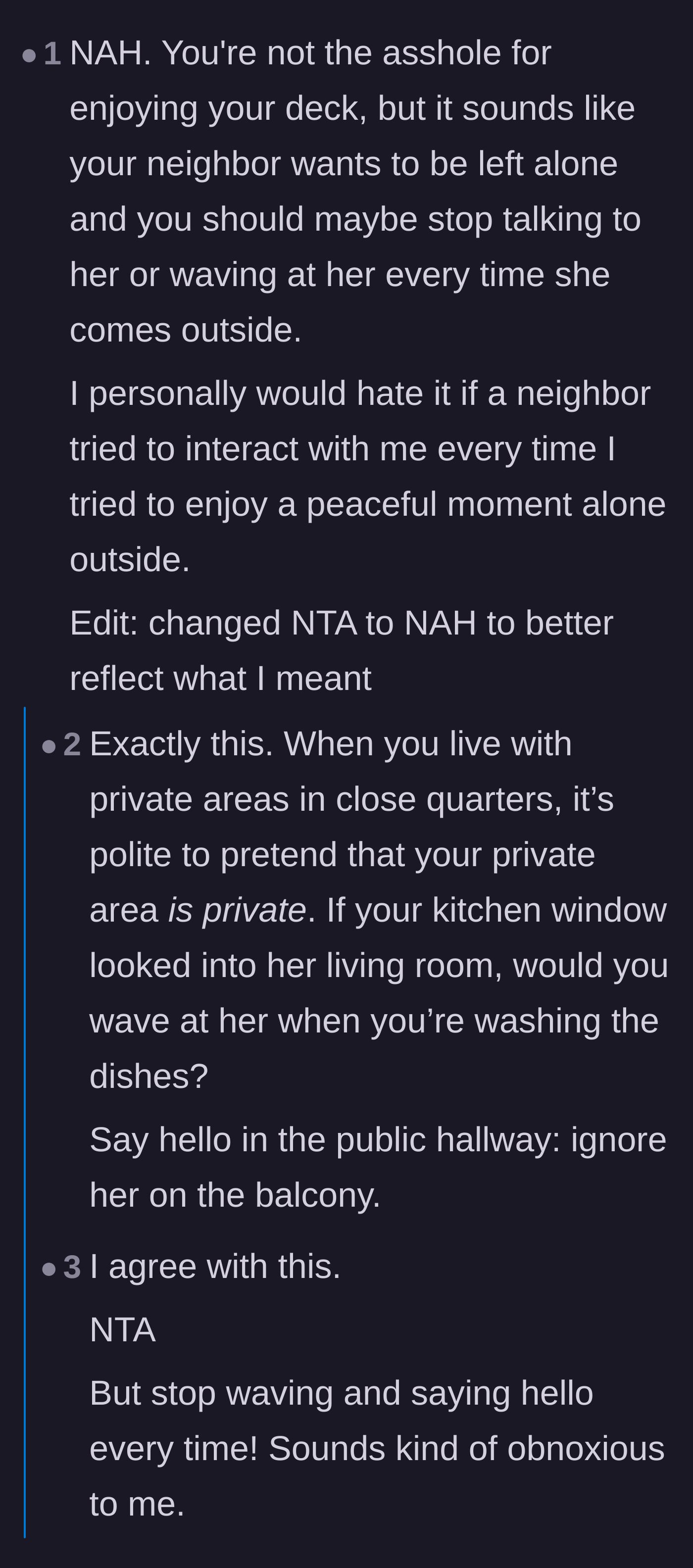 Comment thread 3 - A conversation about the polite social contract of ignoring neighbors in shared private spaces