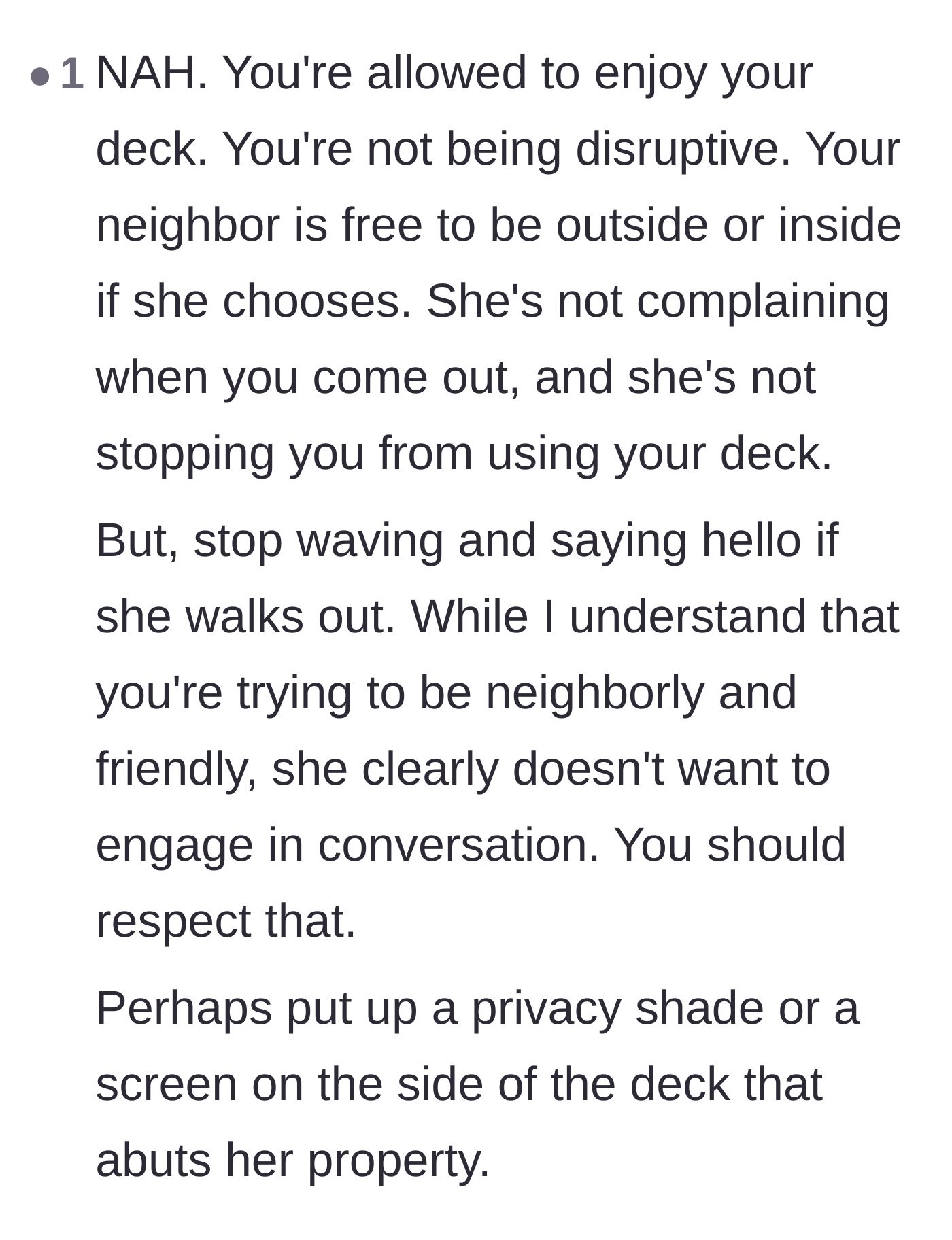 Comment thread 6 - Final recommendations to respect the neighbor's desire for no interaction and potentially install a privacy shade