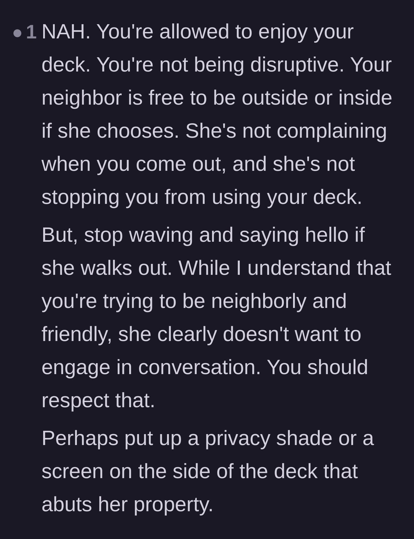 Comment thread 6 - Final recommendations to respect the neighbor's desire for no interaction and potentially install a privacy shade
