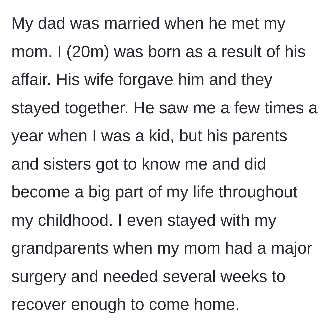 Story part 1 - A young boy feeling out of place but finding comfort while staying with his grandparents as his mother recovers from surgery.