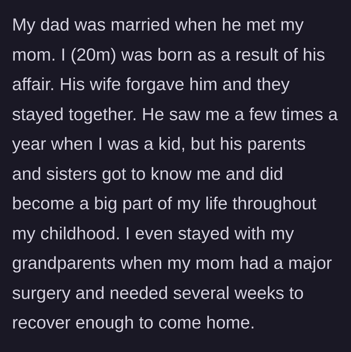 Story part 1 - A young boy feeling out of place but finding comfort while staying with his grandparents as his mother recovers from surgery.