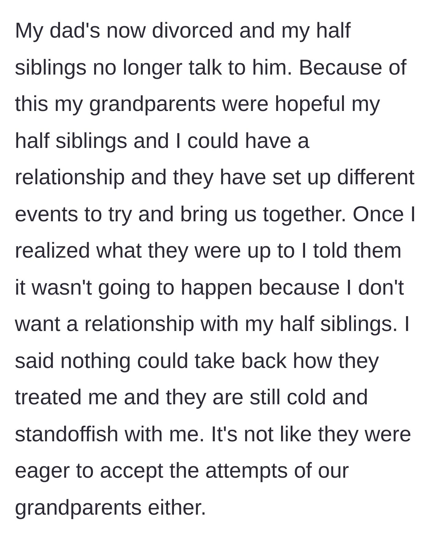 Story part 5 - Grandparents awkwardly trying to push two separate groups of tense people together at a family dinner.