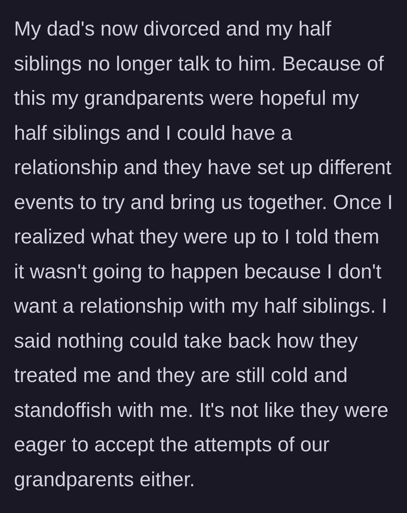 Story part 5 - Grandparents awkwardly trying to push two separate groups of tense people together at a family dinner.