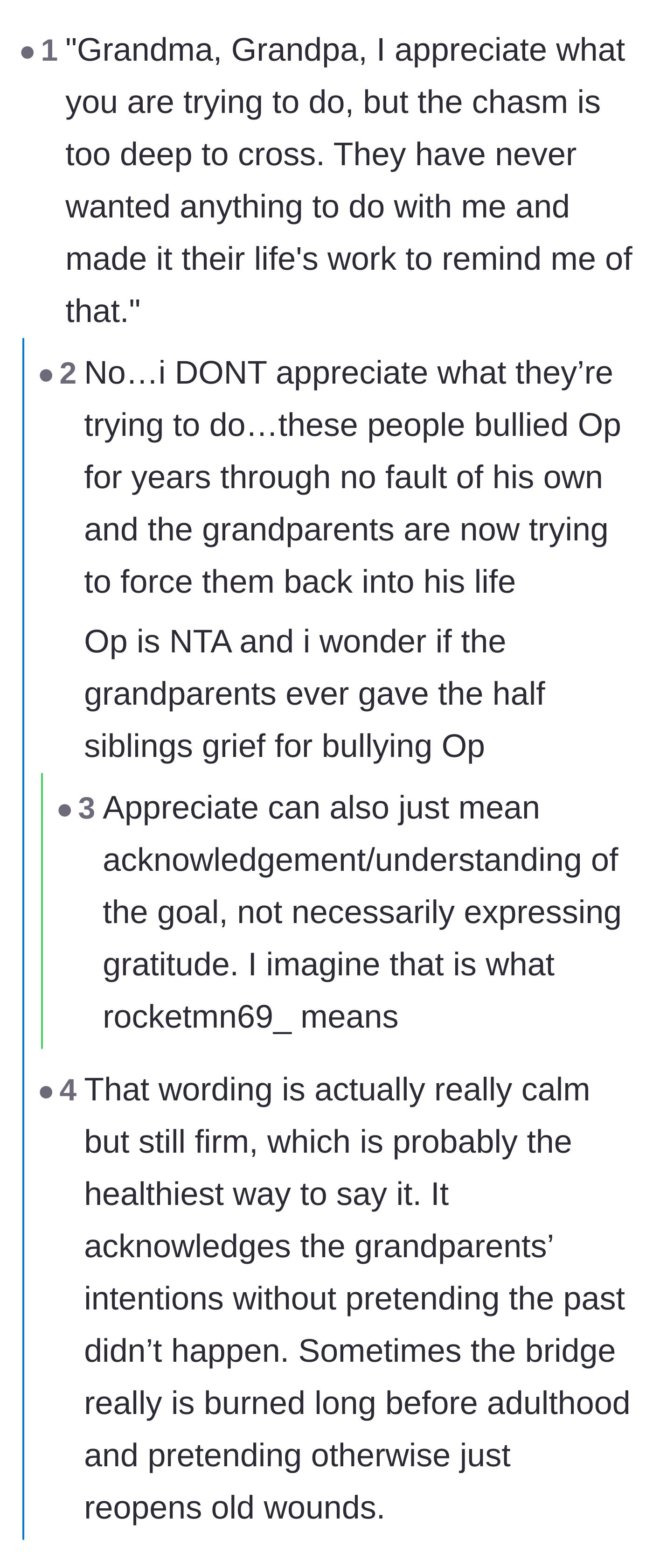 Comment thread 2 - A debate over a calm but firm script to use with the grandparents about the burned bridge.
