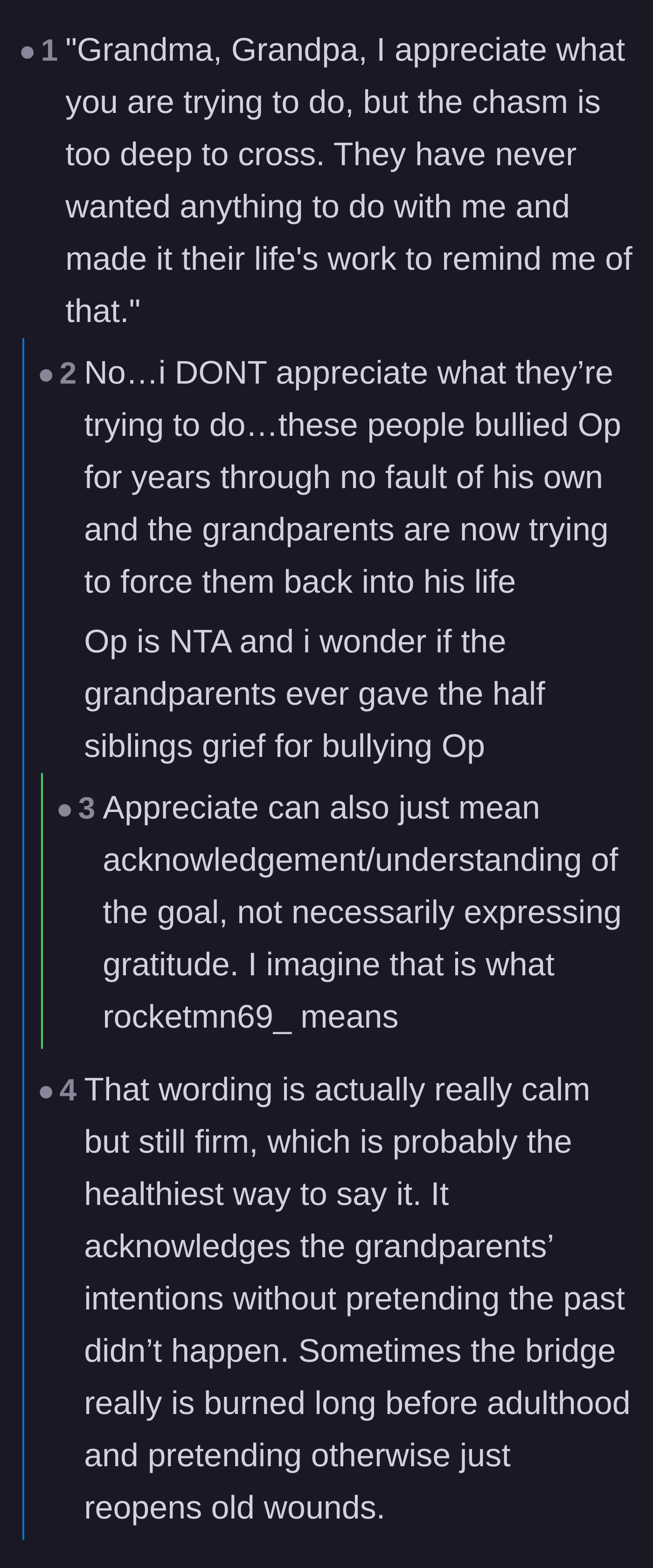 Comment thread 2 - A debate over a calm but firm script to use with the grandparents about the burned bridge.