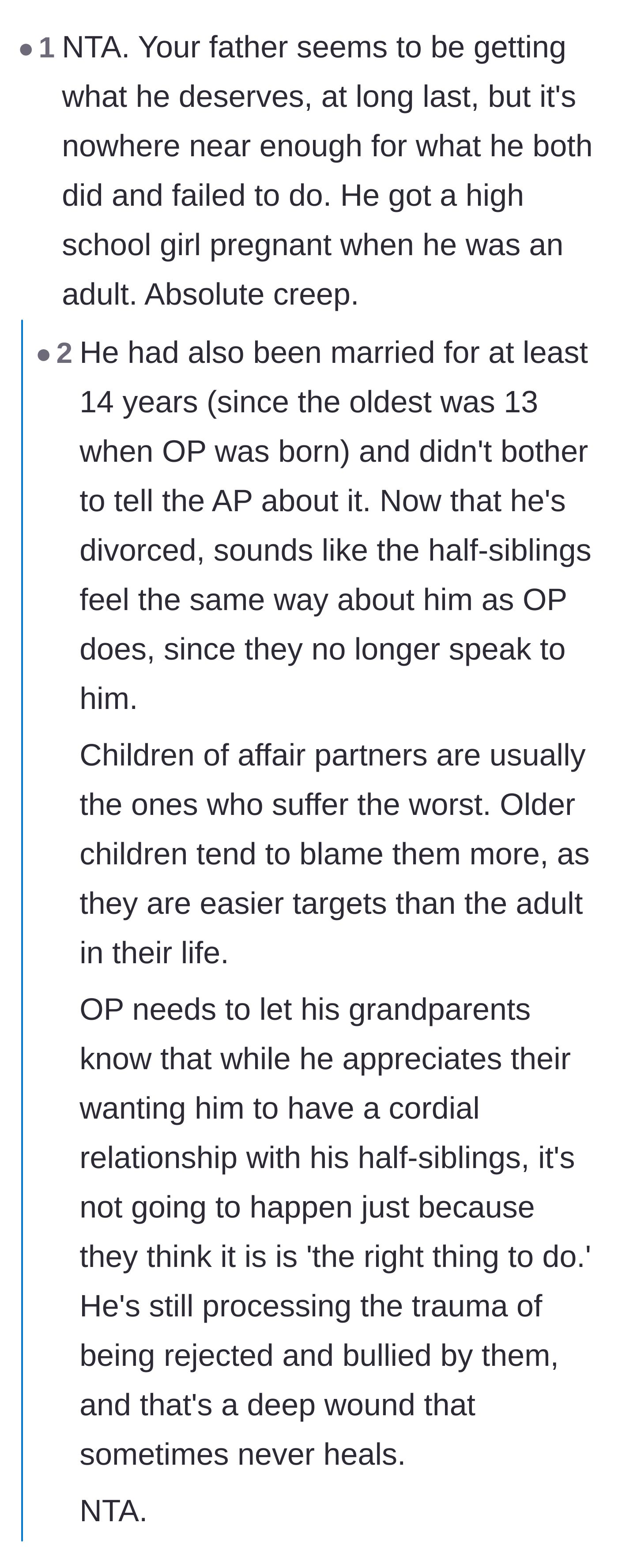 Comment thread 3 - Readers focusing on the father's predatory behavior toward a high school girl and how he ruined all of his children's lives.