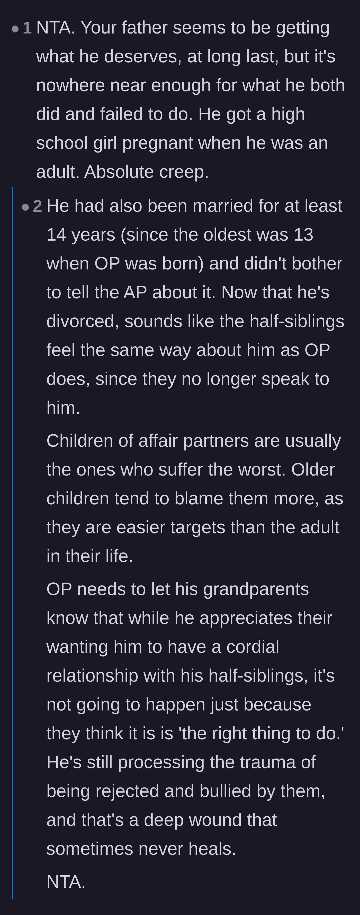 Comment thread 3 - Readers focusing on the father's predatory behavior toward a high school girl and how he ruined all of his children's lives.