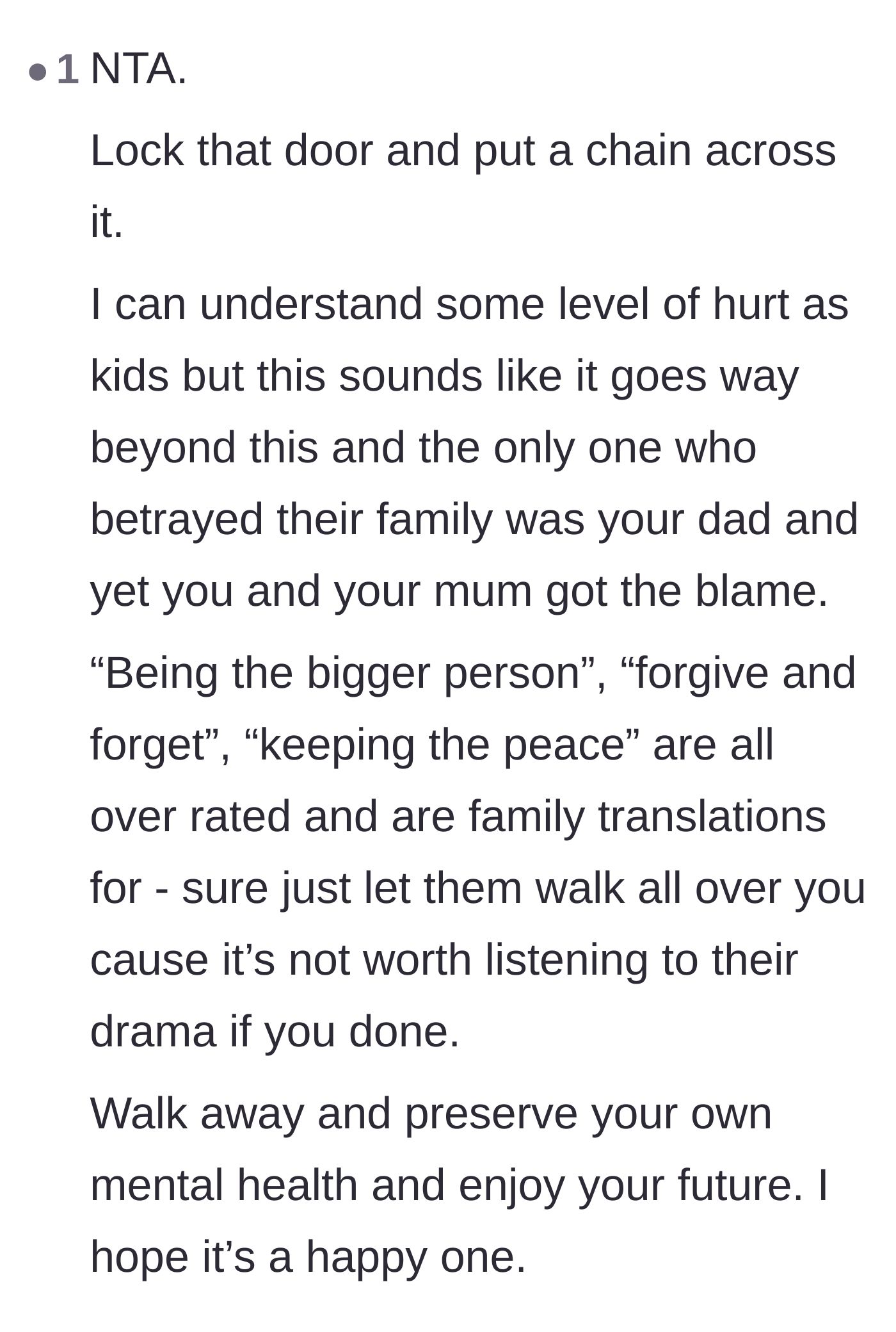 Comment thread 5 - A reader encouraging him to lock the door and ignore toxic mantras like 'be the bigger person.'