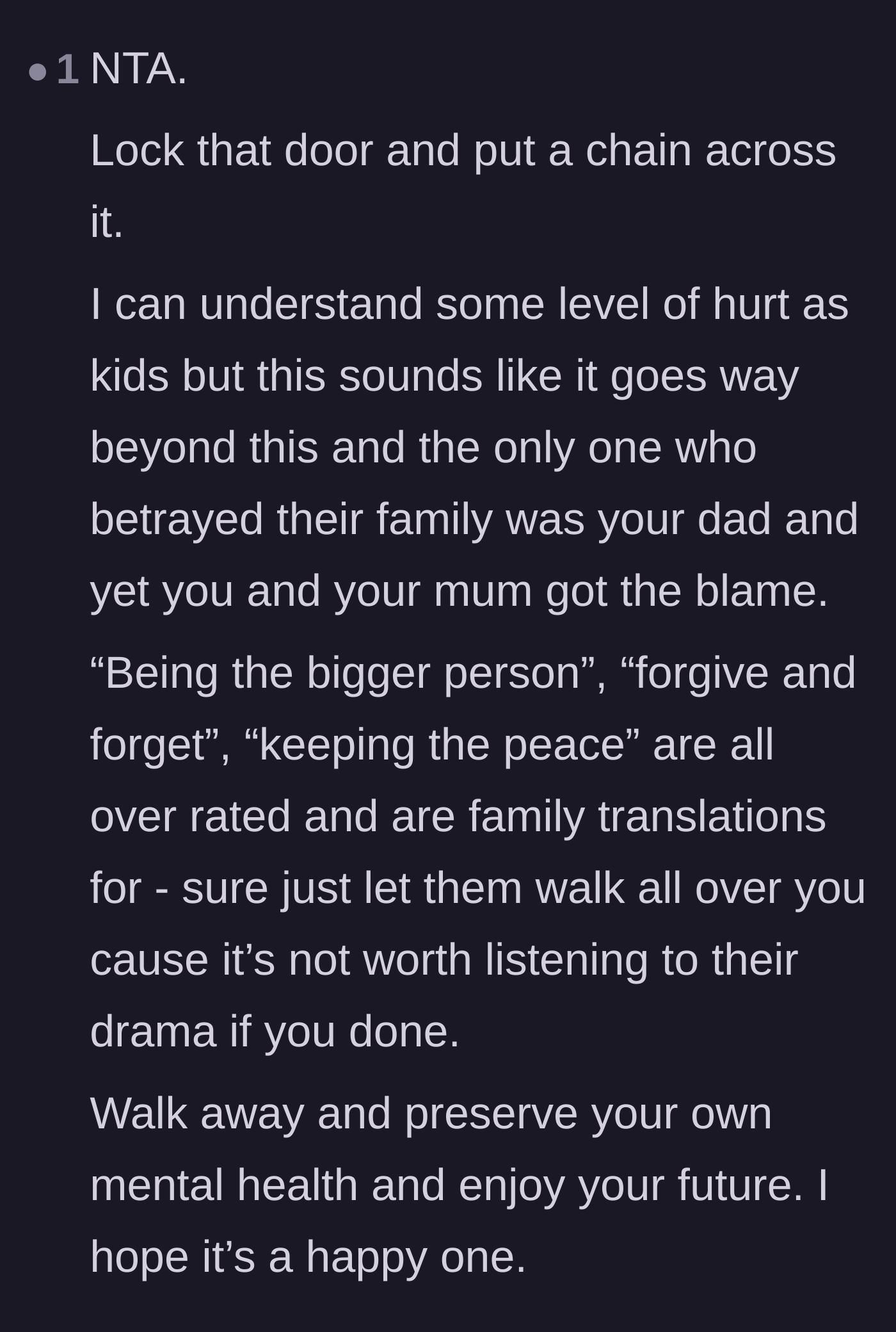 Comment thread 5 - A reader encouraging him to lock the door and ignore toxic mantras like 'be the bigger person.'