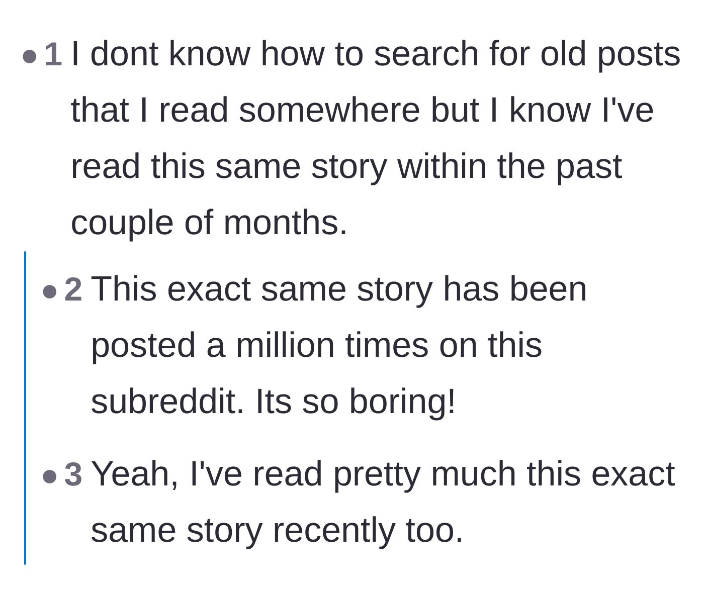 Comment thread 6 - Cynical readers claiming they have seen similar stories posted before and calling it boring.