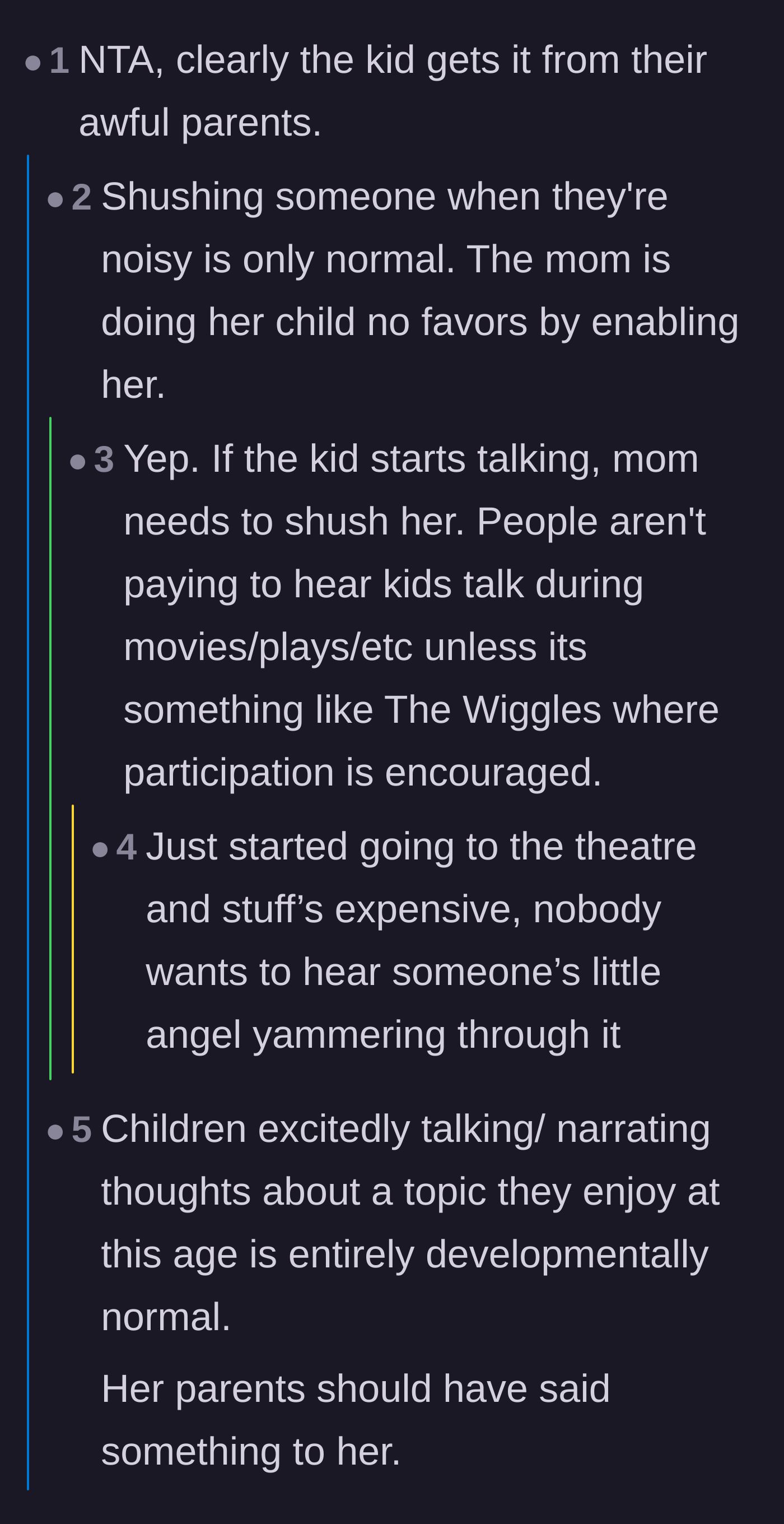 Comment thread 1 - Readers criticizing the mother for enabling her child's disruption during an expensive show.