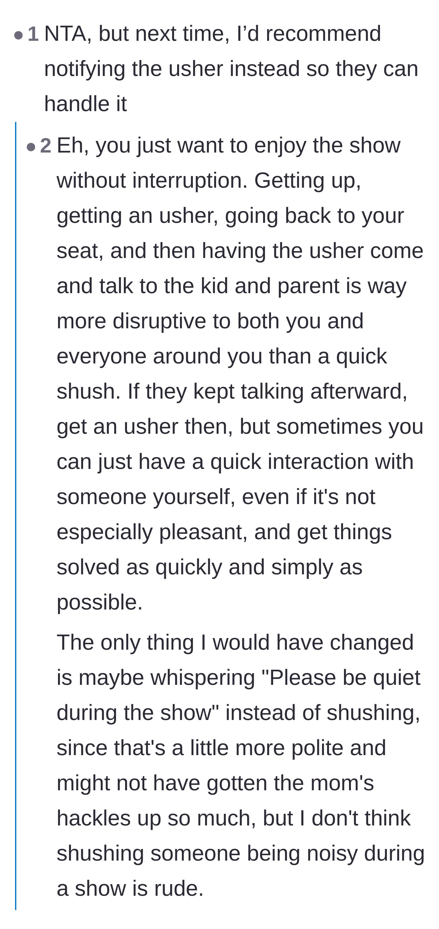 Comment thread 2 - A debate on whether the couple should have just fetched a theatre usher instead of shushing.
