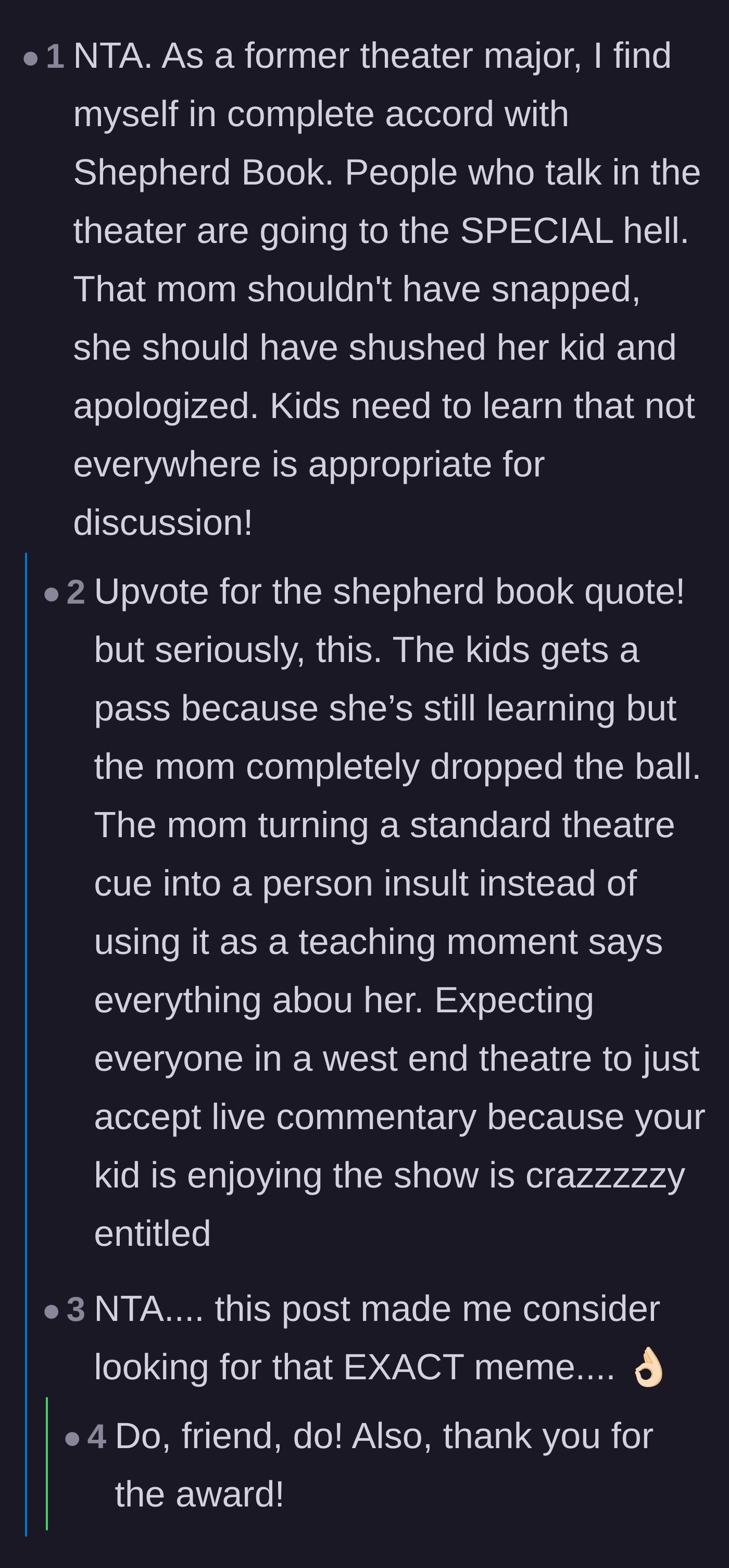 Comment thread 4 - Commenters declaring that people who talk in the theatre go to a special hell.