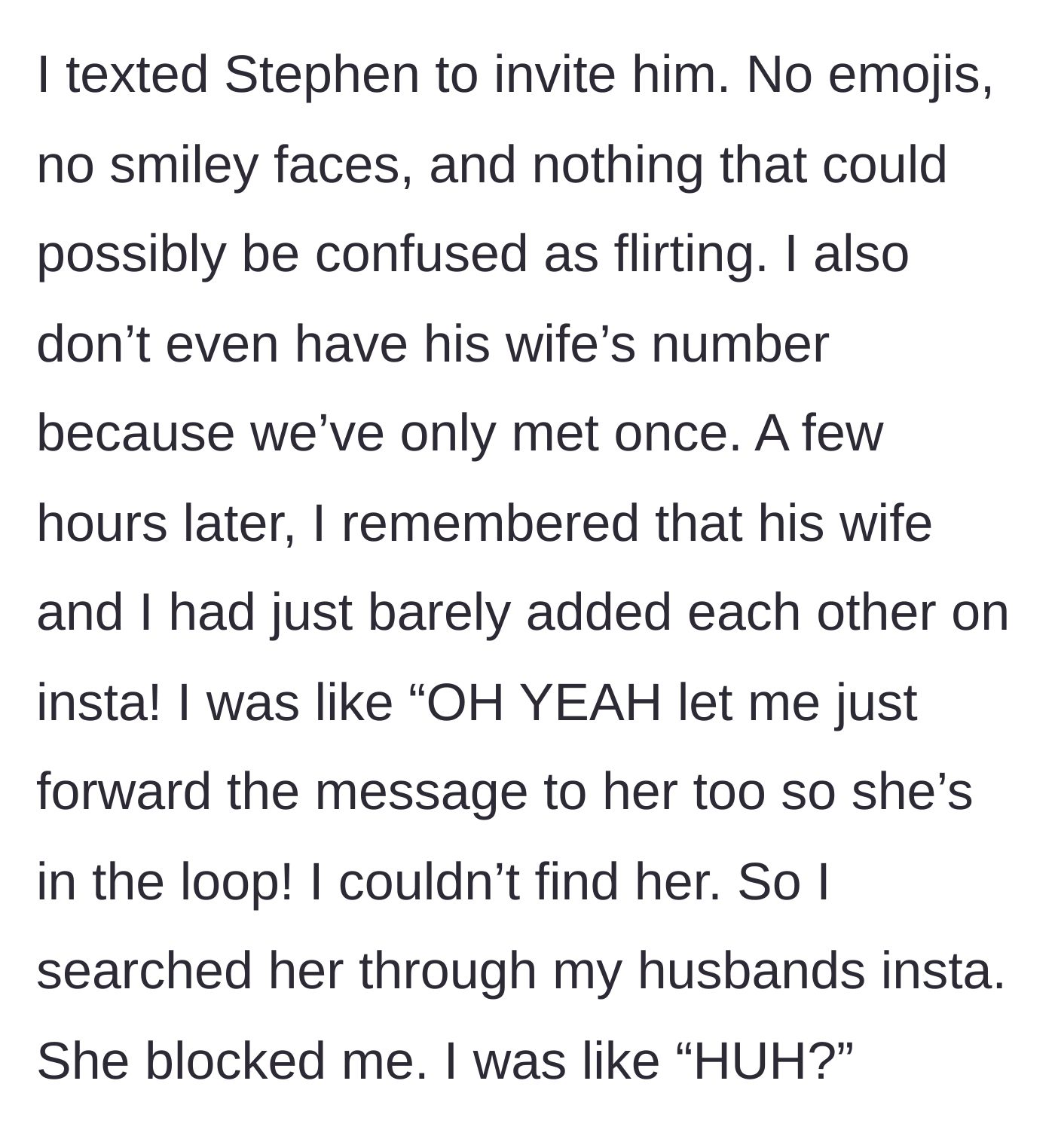 Story part 4 - Wife sending a dry text to Stephen and realizing she's blocked by his wife on Instagram.