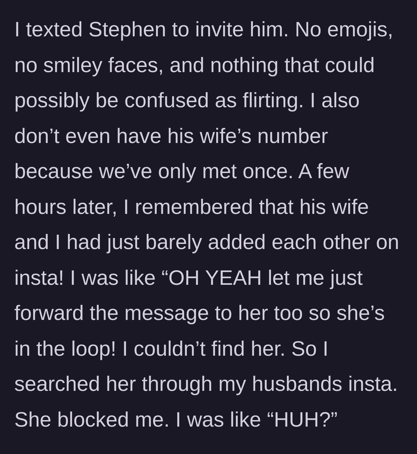 Story part 4 - Wife sending a dry text to Stephen and realizing she's blocked by his wife on Instagram.