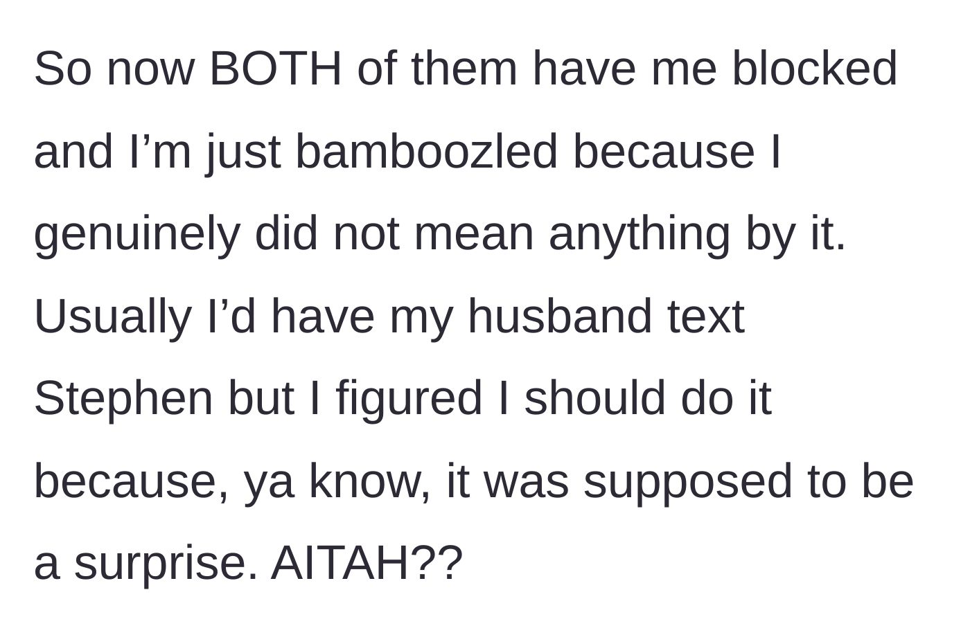 Story part 6 - Wife revealing she is blocked by both Stephen and his wife.
