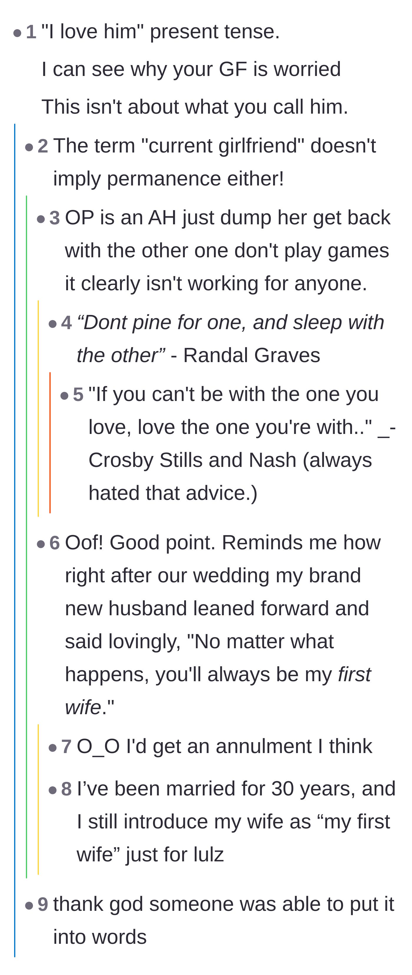 Comment thread 2 - Commenters focusing on the narrator using the present tense to declare his love for his ex.