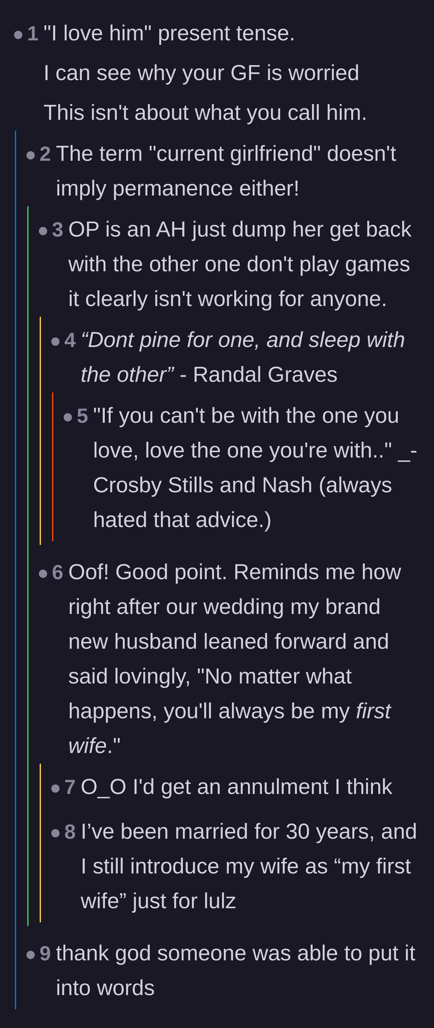 Comment thread 2 - Commenters focusing on the narrator using the present tense to declare his love for his ex.