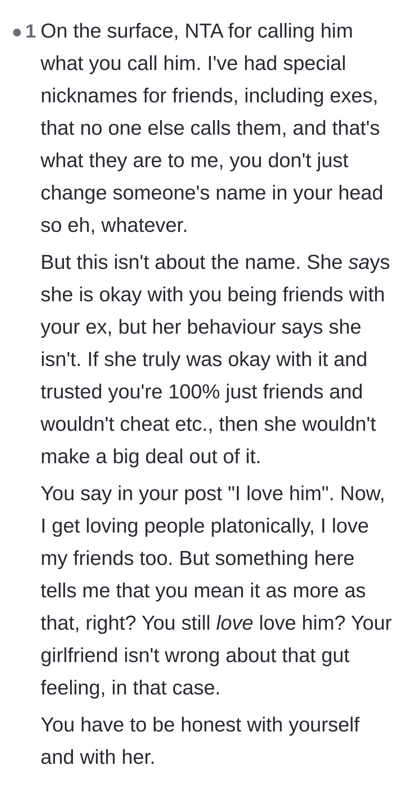 Comment thread 4 - Advice urging the narrator to stop hiding behind the name argument and admit his true feelings.