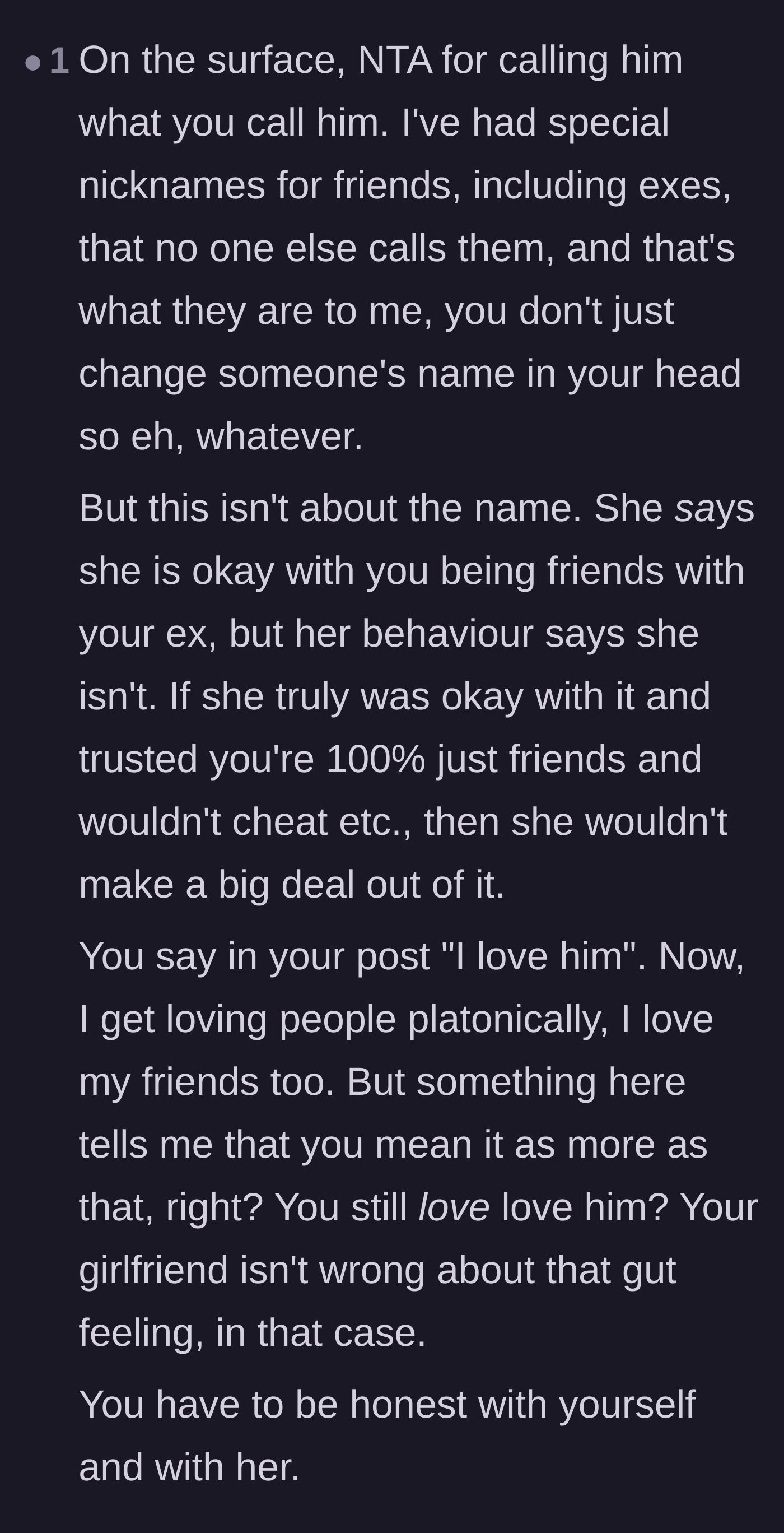 Comment thread 4 - Advice urging the narrator to stop hiding behind the name argument and admit his true feelings.