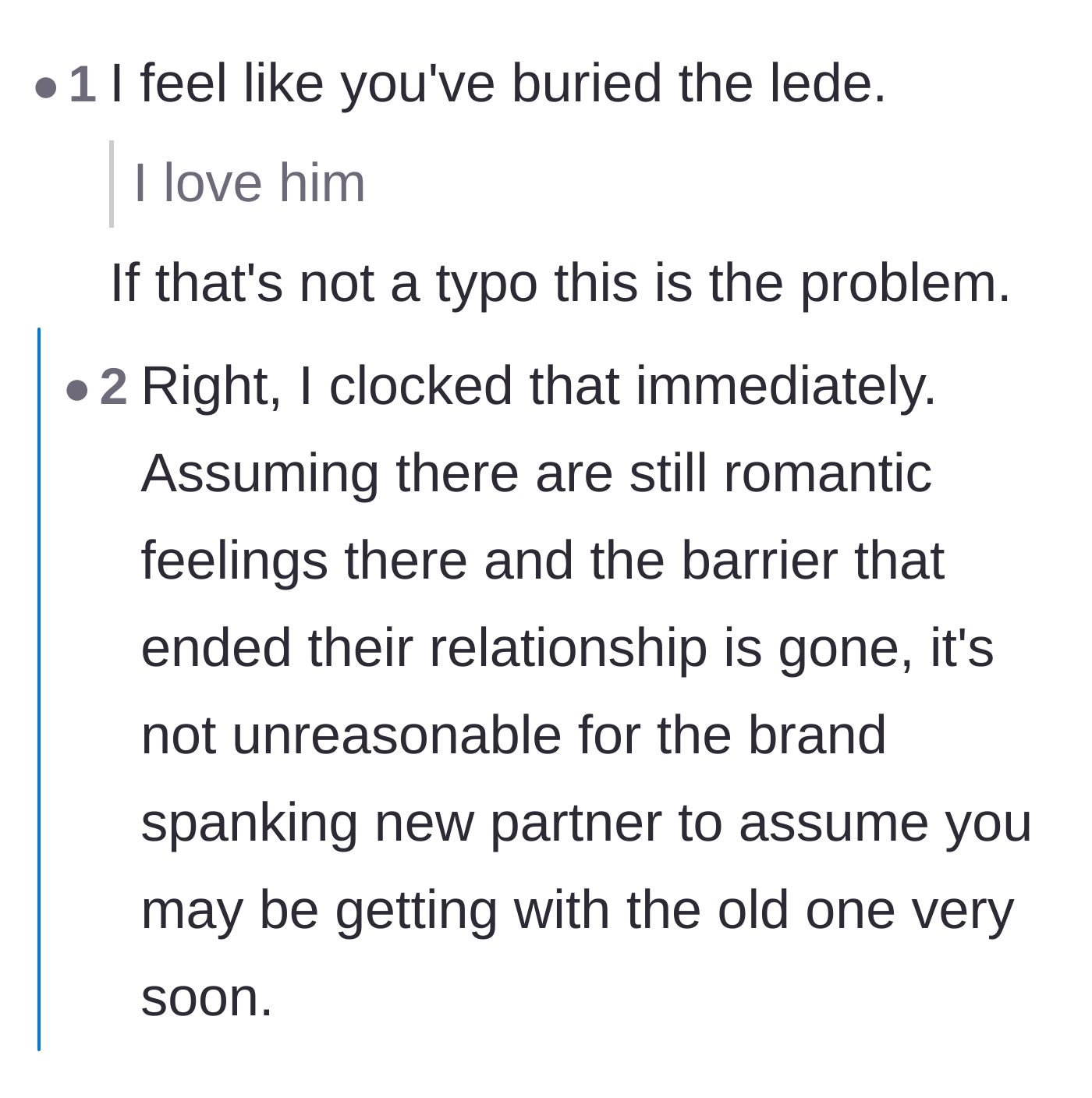 Comment thread 5 - A short thread pointing out that the narrator explicitly buried the lede regarding his true feelings.