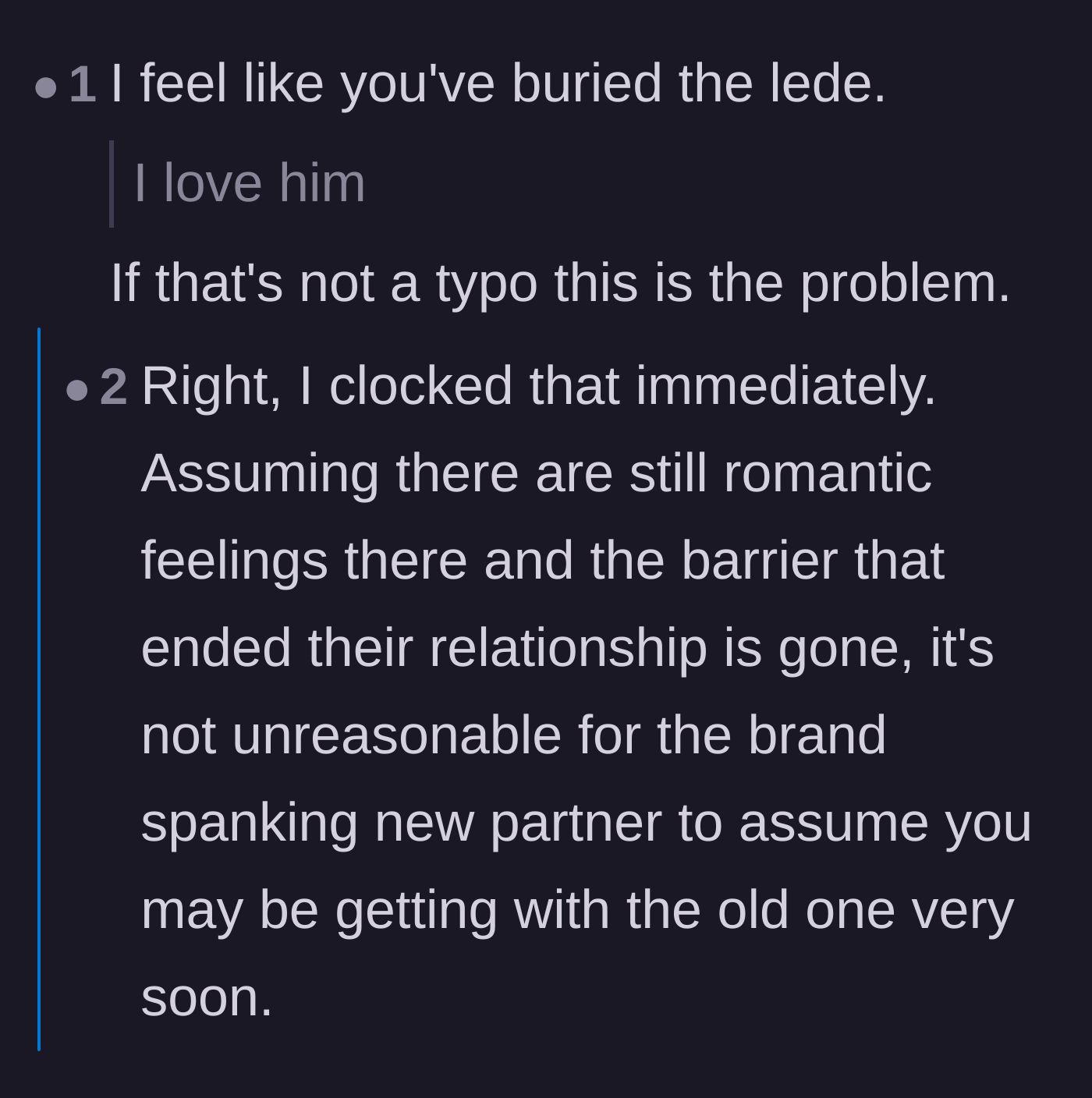 Comment thread 5 - A short thread pointing out that the narrator explicitly buried the lede regarding his true feelings.