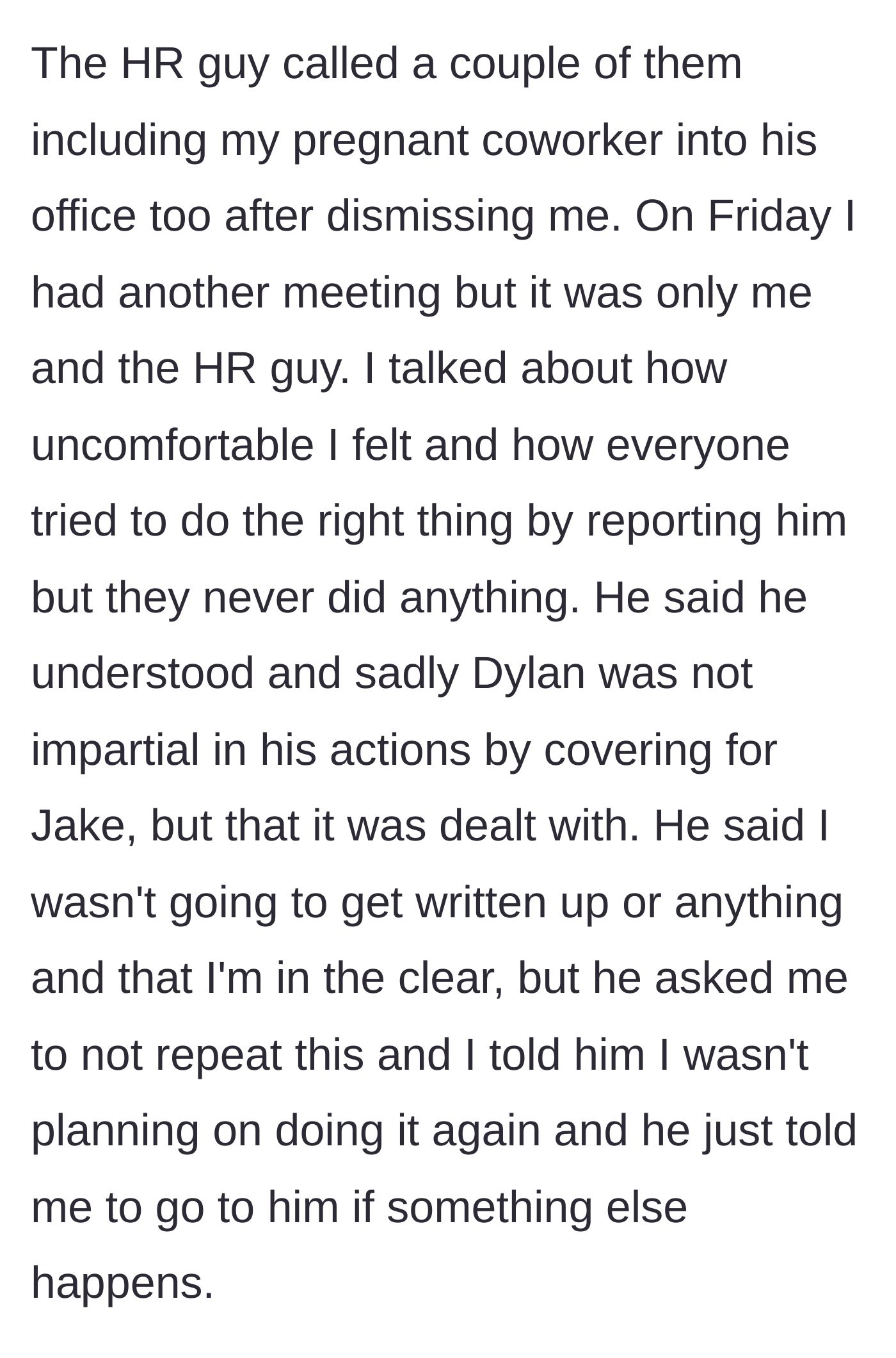Story part 3 - The neutral HR rep interviews coworkers, clears the employee of all charges, and confirms the corrupt HR rep's bias is being handled.