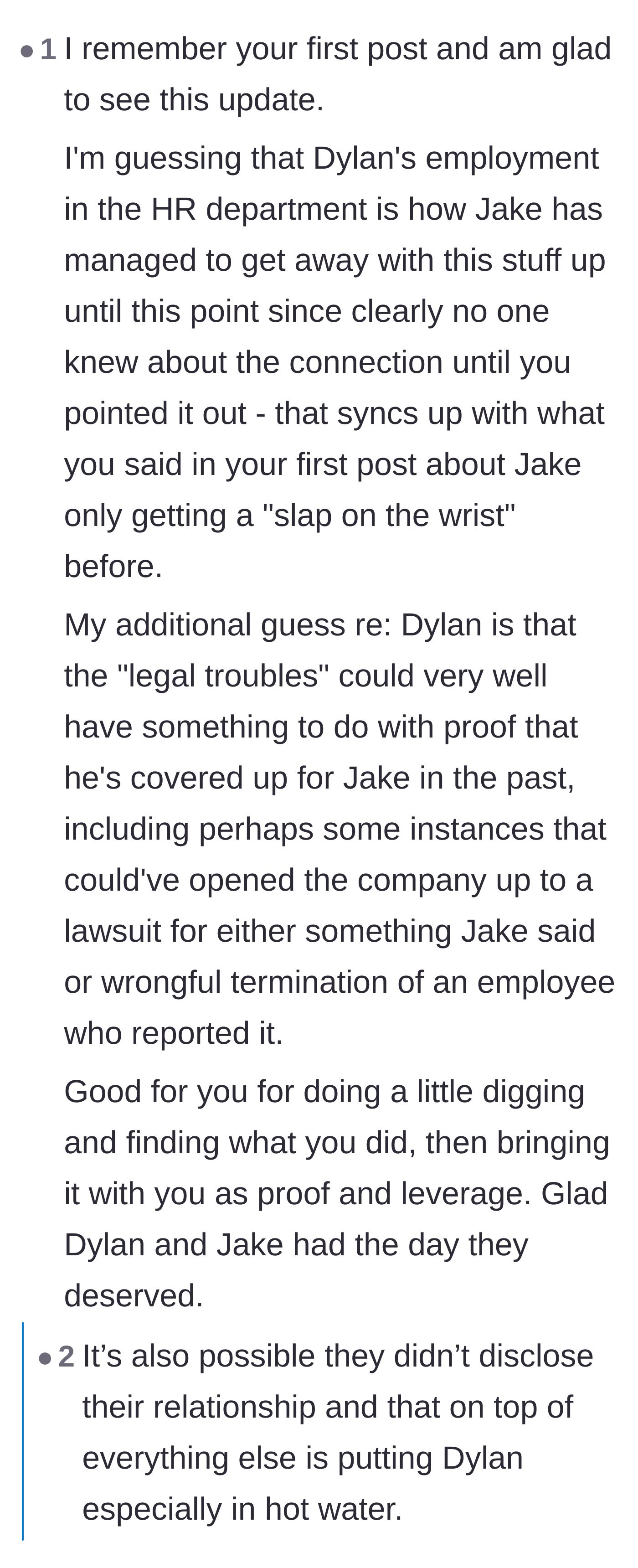 Comment thread 1 - Readers speculate on the legal consequences the corrupt HR rep might face for hiding a family conflict of interest.
