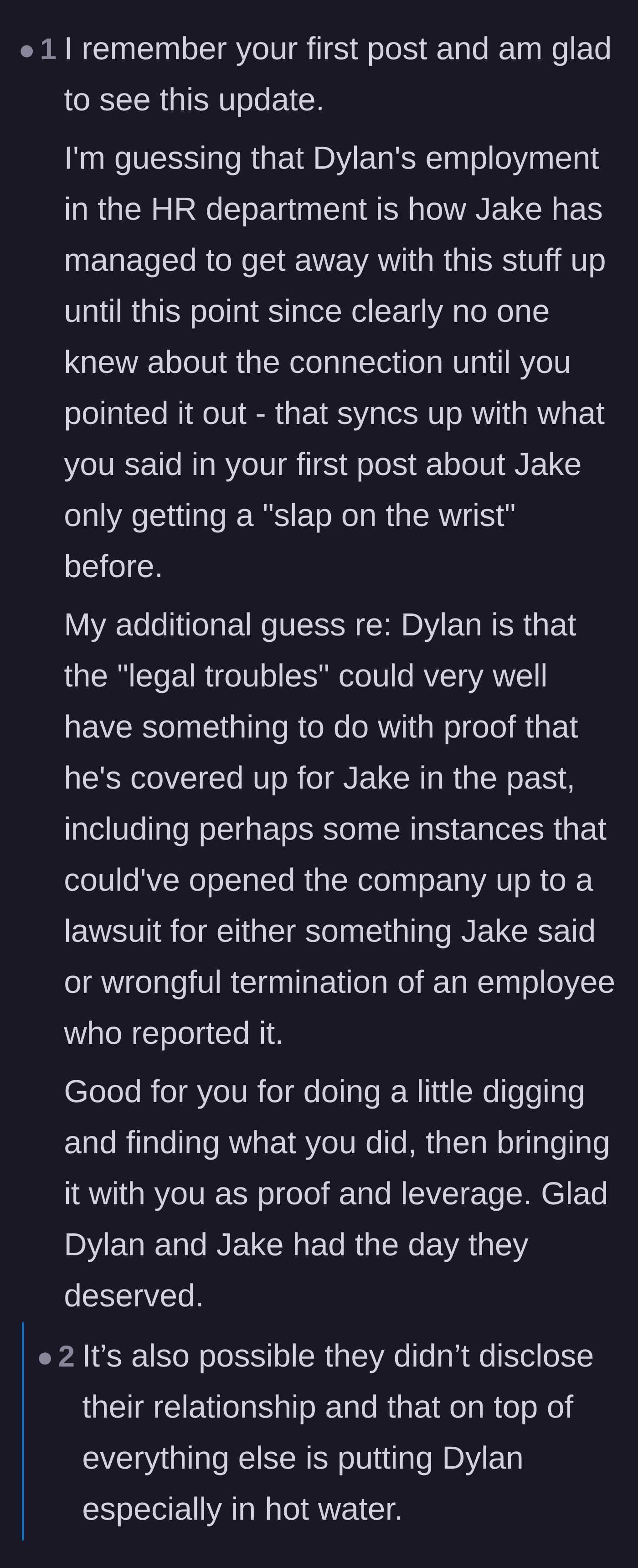 Comment thread 1 - Readers speculate on the legal consequences the corrupt HR rep might face for hiding a family conflict of interest.