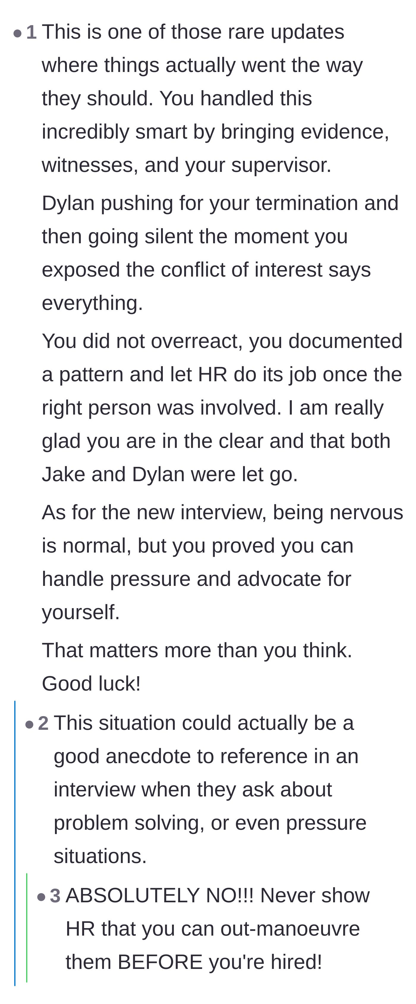 Comment thread 2 - A debate on whether the employee should use this investigative victory as an example in future job interviews.
