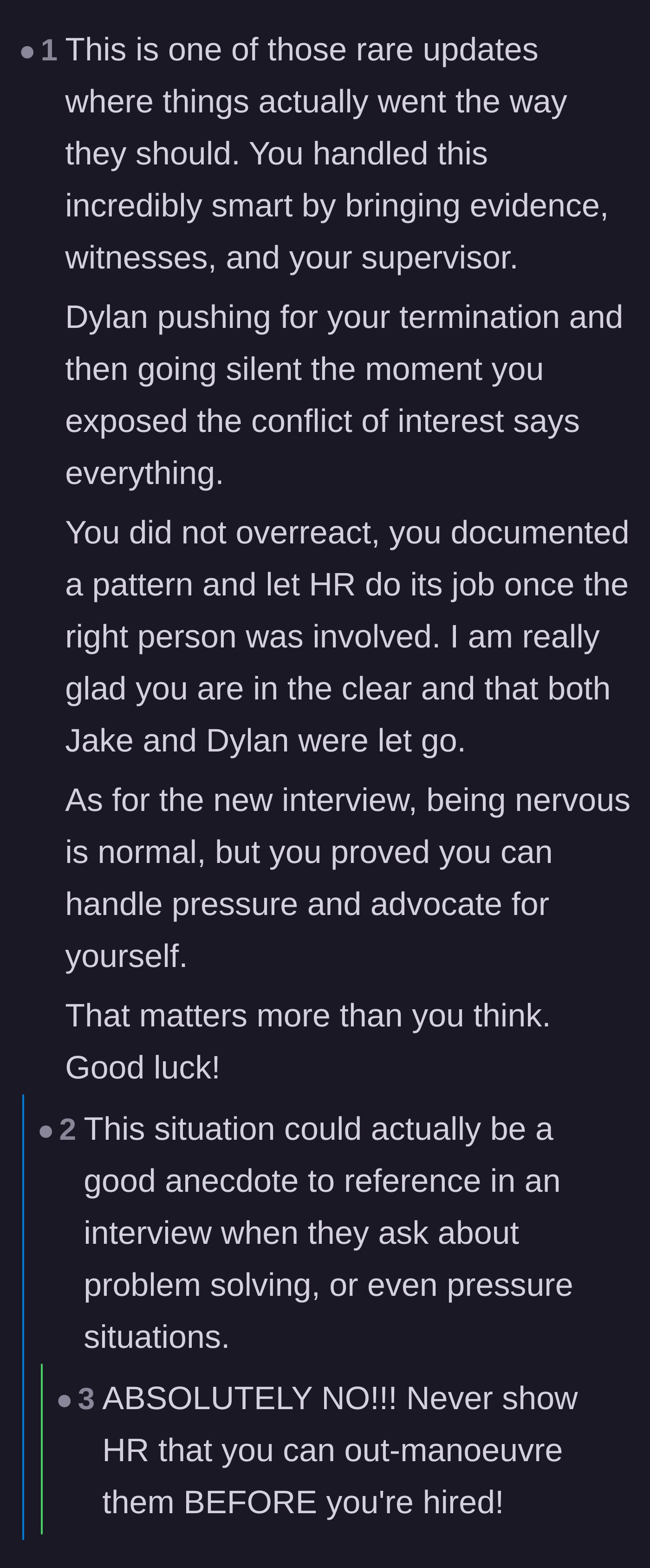 Comment thread 2 - A debate on whether the employee should use this investigative victory as an example in future job interviews.