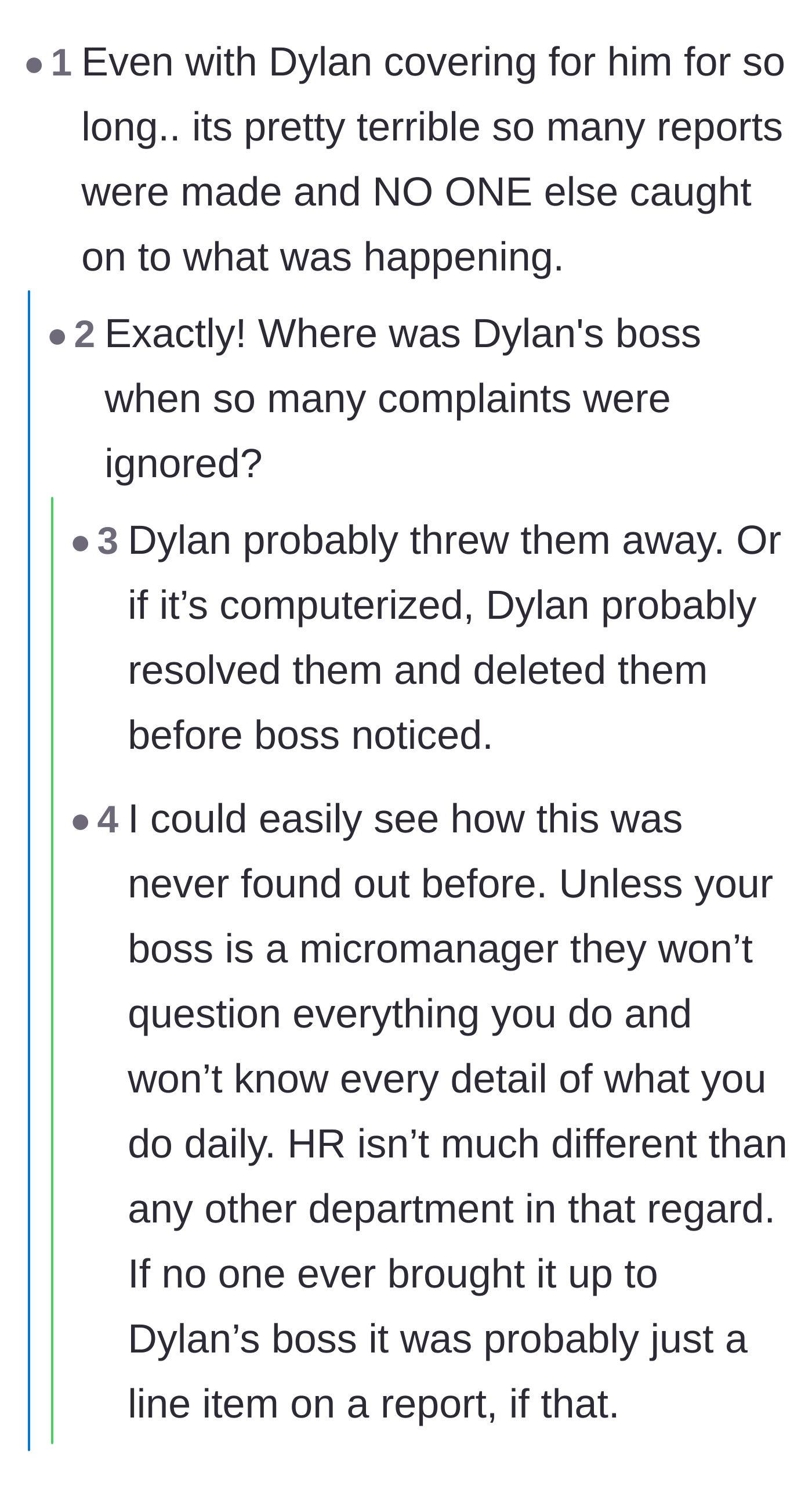 Comment thread 5 - Discussion about the systemic failure that allowed the corrupt HR rep to hide multiple complaints from upper management.