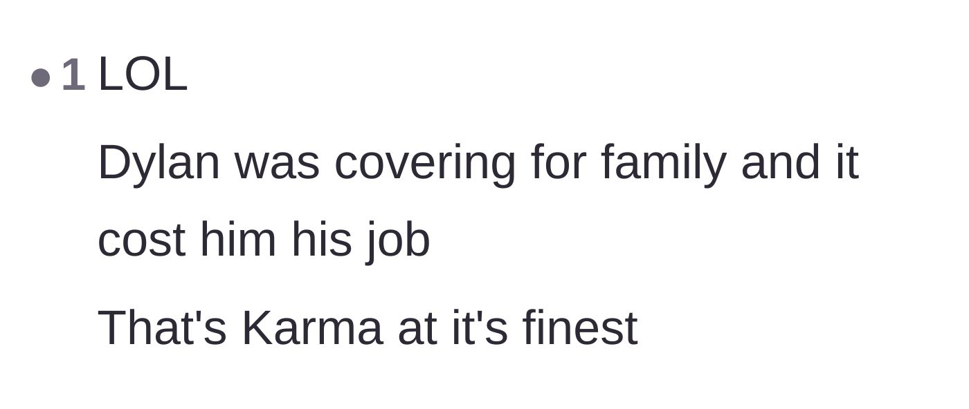 Comment thread 6 - A reader pointing out the poetic justice of the HR rep losing his job after trying to protect a toxic family member.