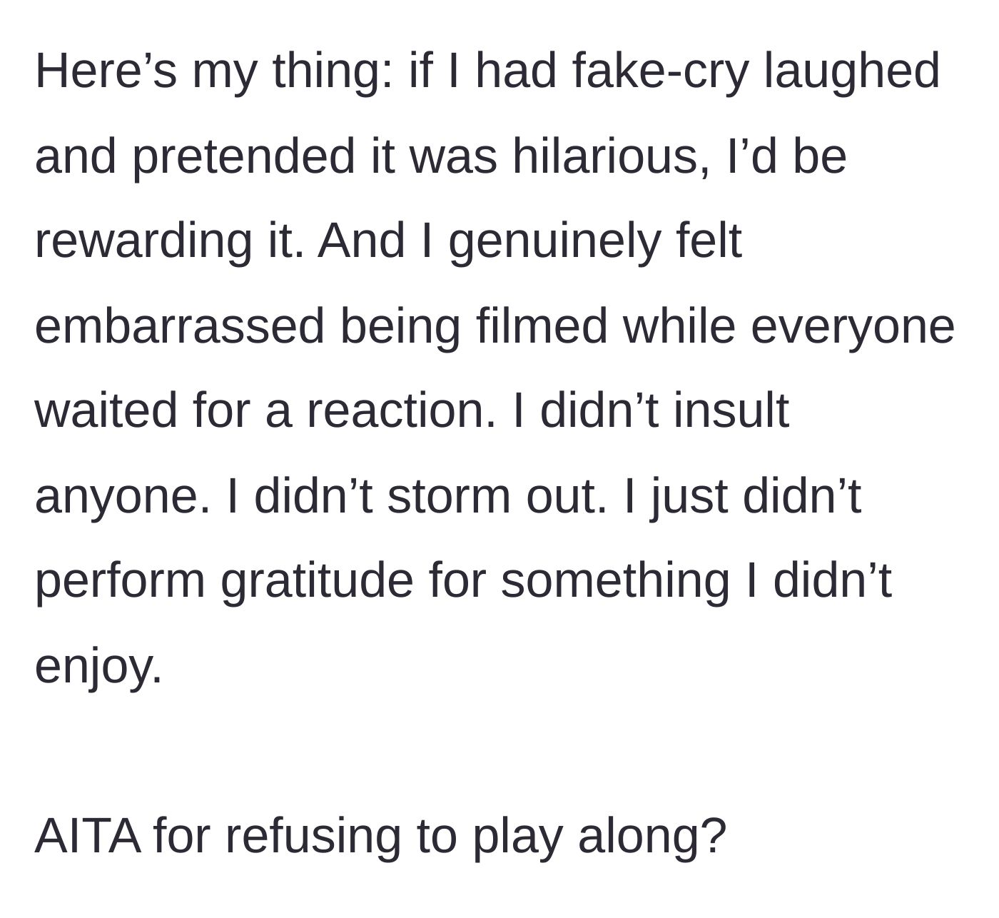 Story part 6 - The main character reflects on the principle of refusing to perform fake gratitude for an unwanted situation.