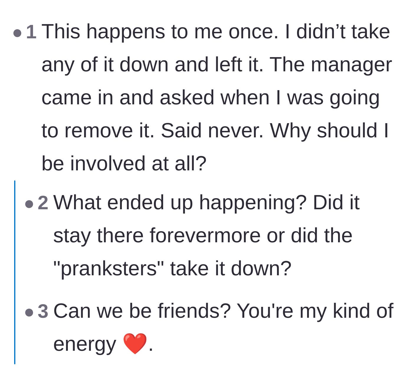 Comment thread 1 - Readers sharing their own stories of stubbornly refusing to clean up after office and school pranks