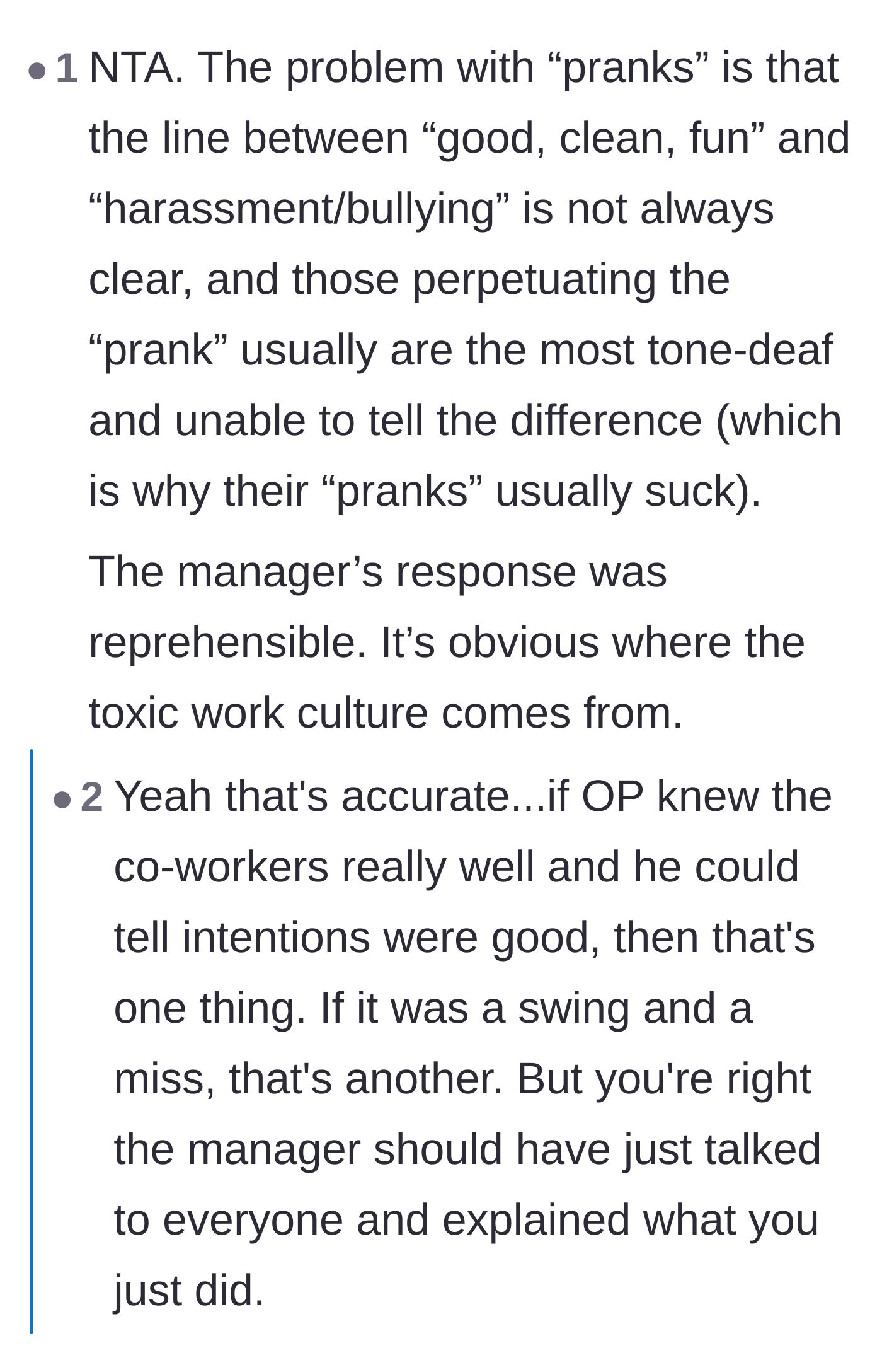 Comment thread 5 - A discussion about how tone-deaf pranksters cross the line into harassment and why the manager's reaction was toxic