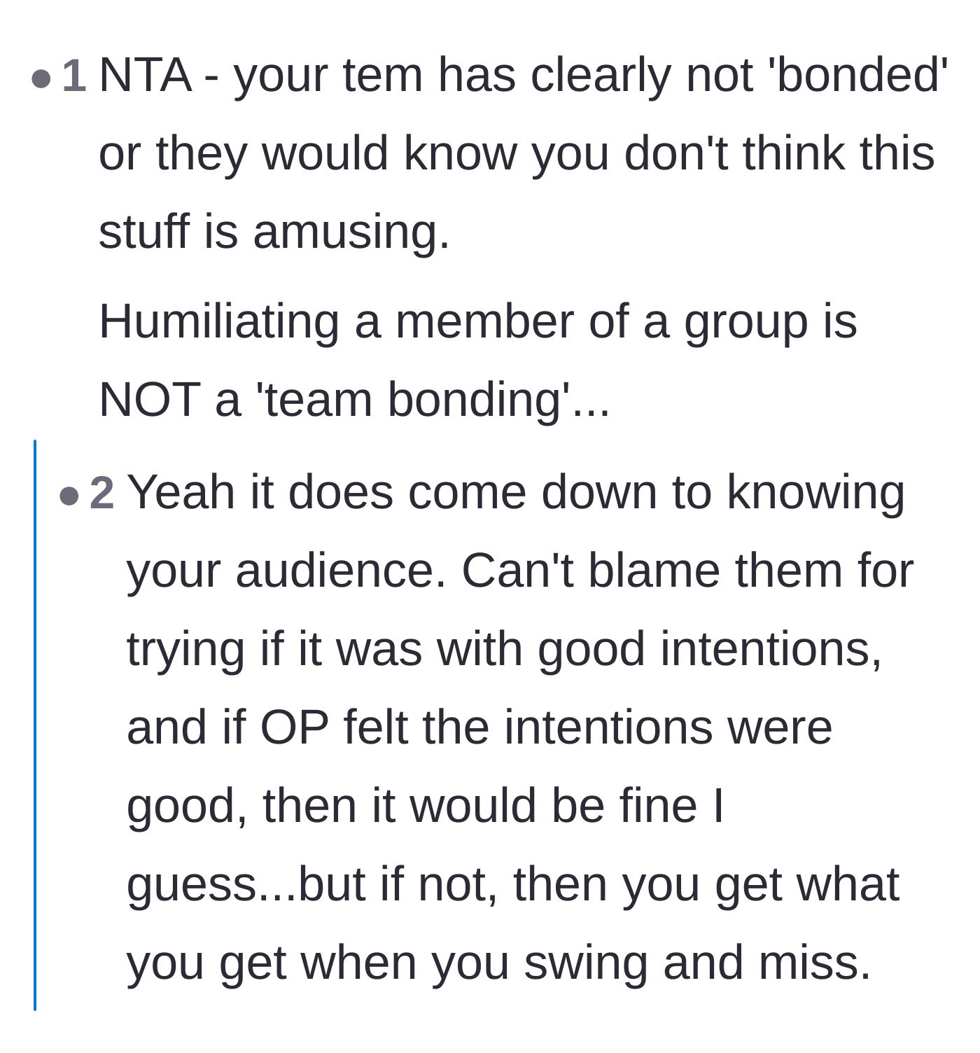 Comment thread 6 - A commenter pointing out that true team bonding requires actually knowing your coworkers' personalities and boundaries