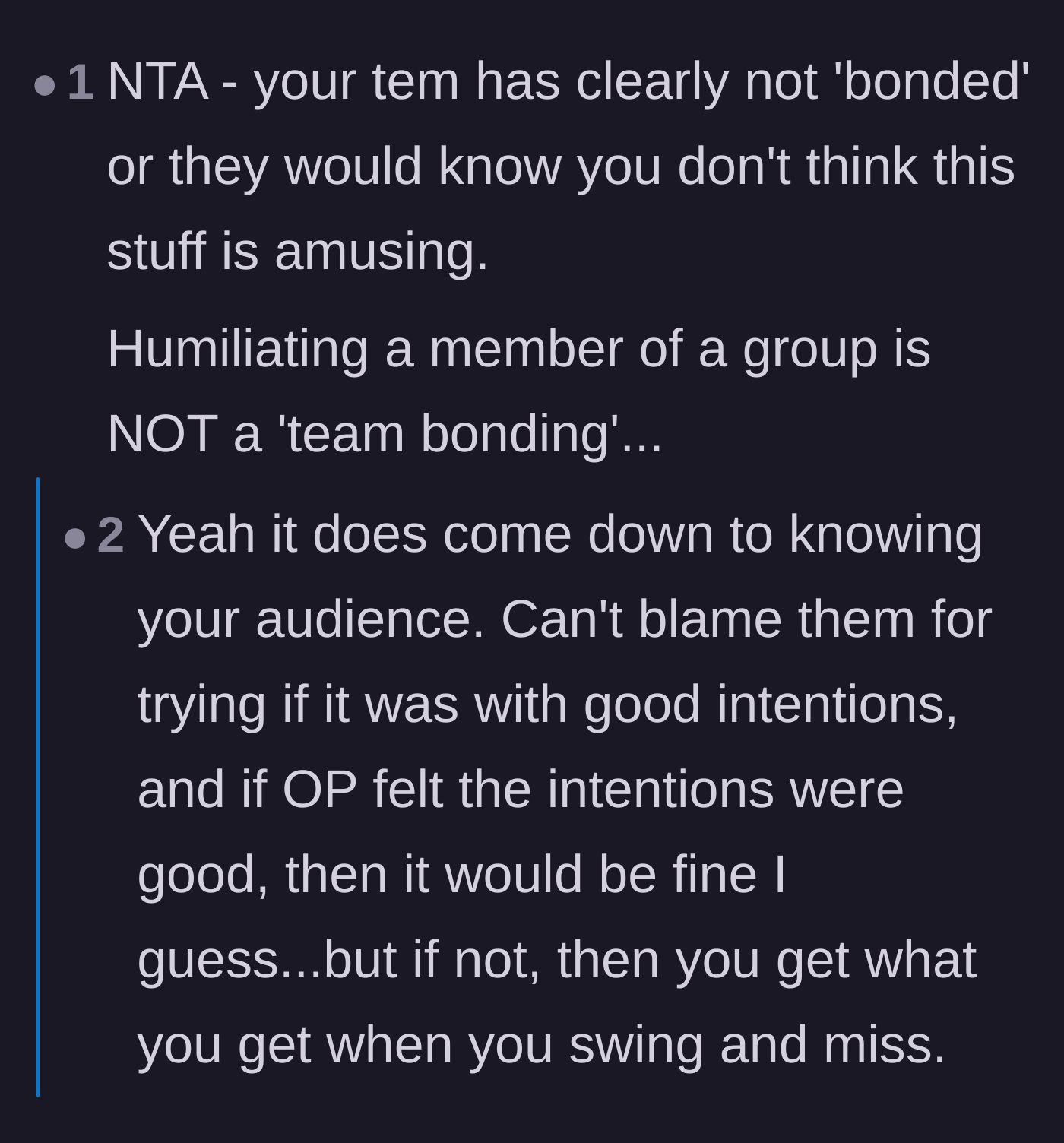Comment thread 6 - A commenter pointing out that true team bonding requires actually knowing your coworkers' personalities and boundaries