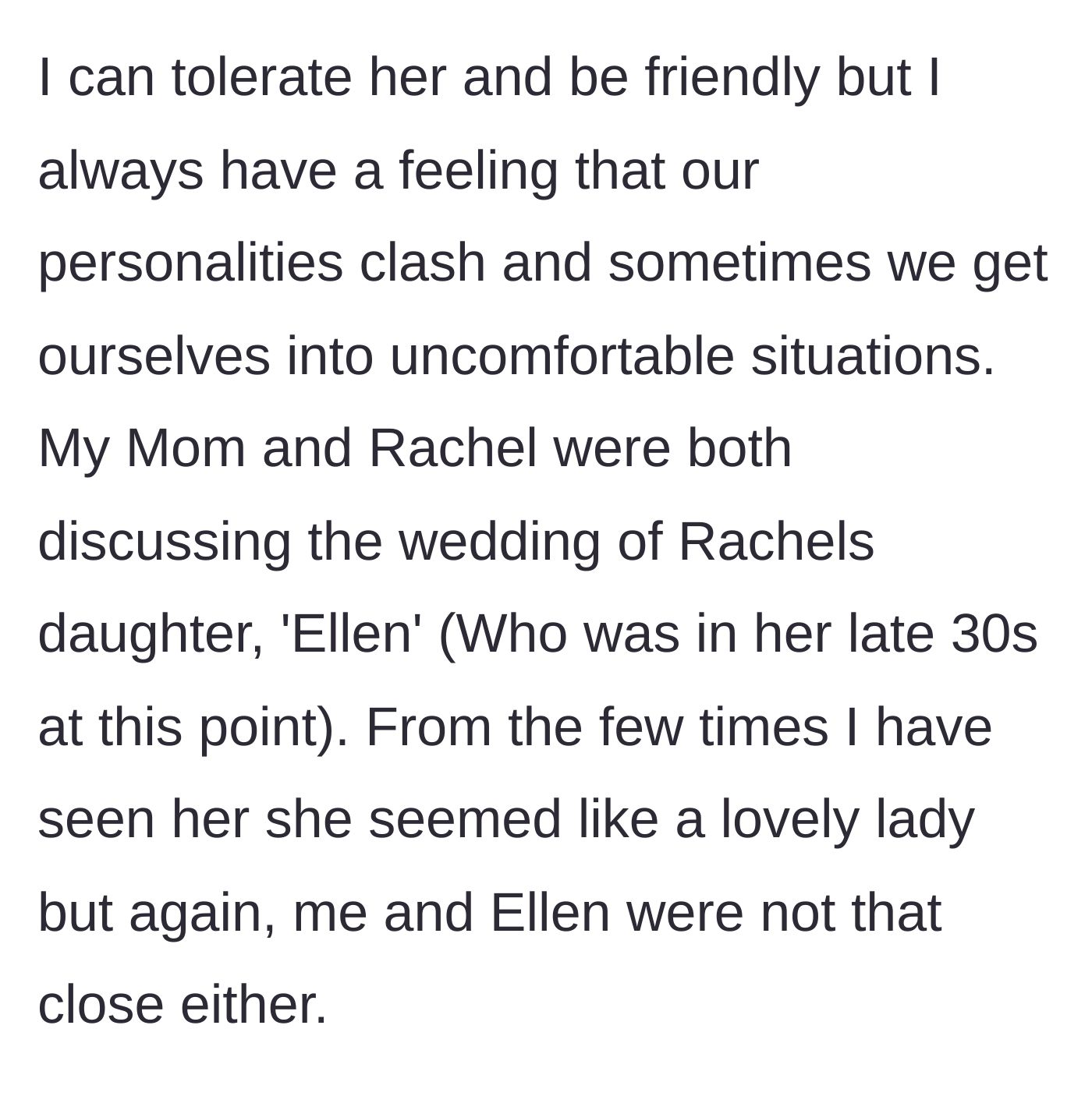 Story part 2 - Mom and Rachel discuss daughter Ellen's upcoming wedding while the narrator listens.