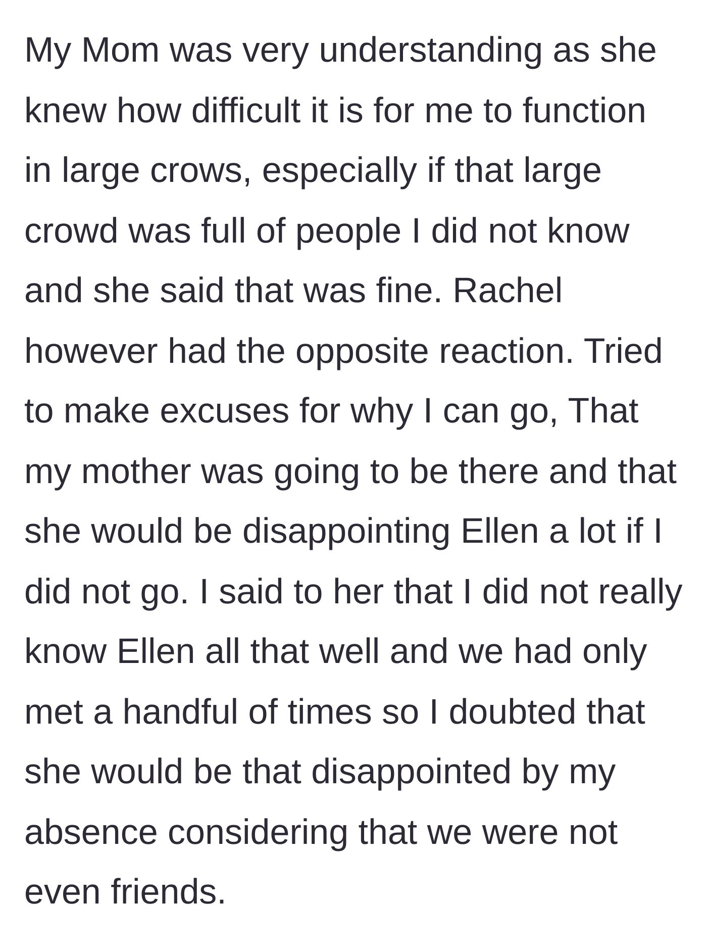 Story part 5 - Mom supports his decision, but Rachel starts aggressively guilt-tripping him.