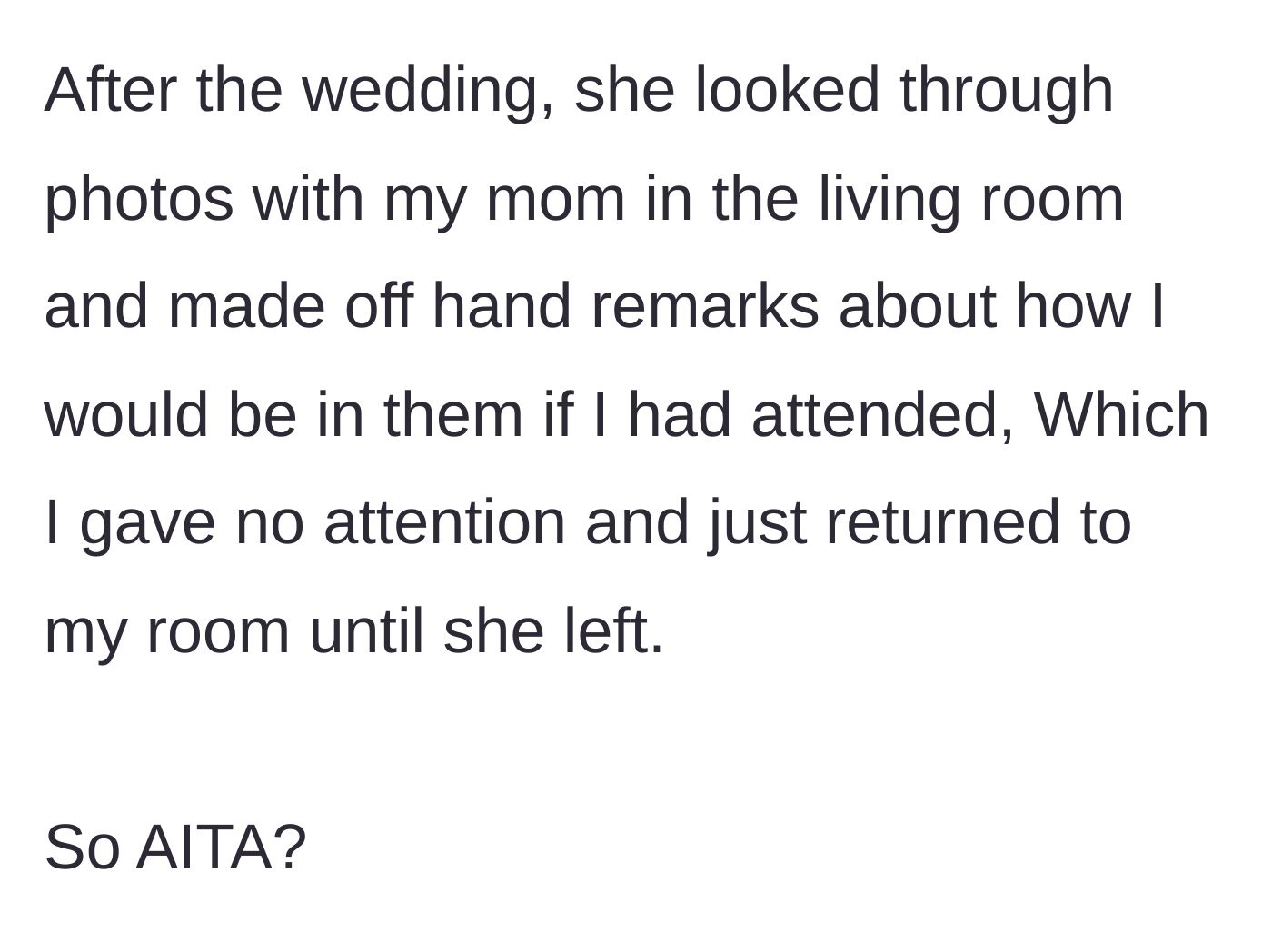Story part 7 - Post-wedding, Rachel shows off photos and makes passive-aggressive comments towards the narrator.