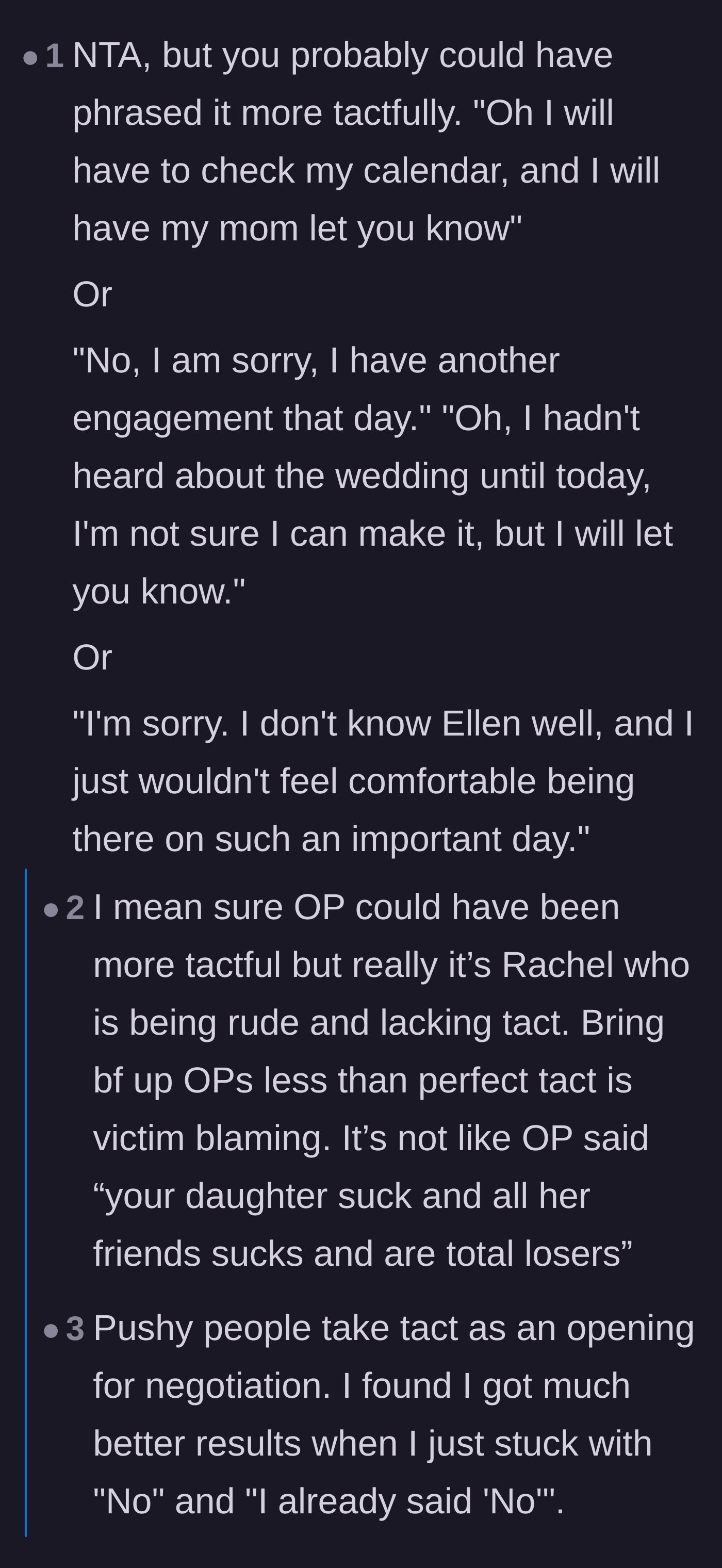 Comment thread 1 - A debate about whether the narrator should have used a polite white lie to decline the invitation instead of being blunt.