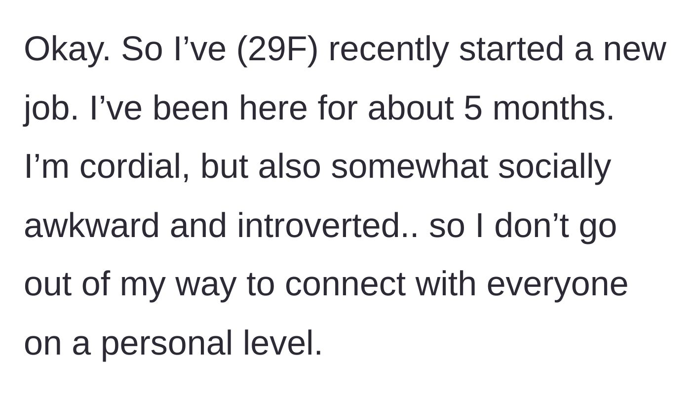 Story part 1 - Main character introduces herself as a new, introverted employee trying to navigate her workplace.