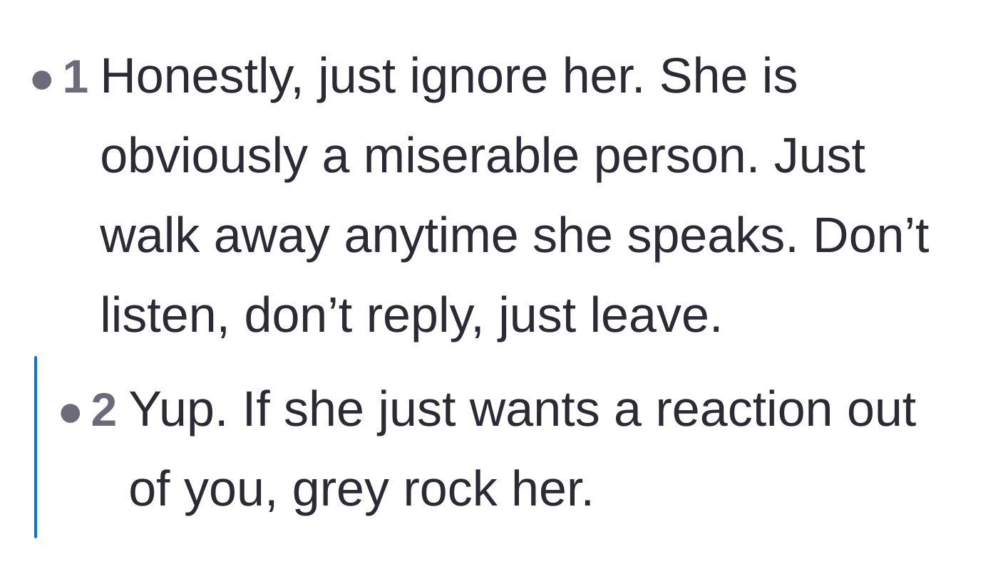 Comment thread 5 - Advice on using the grey rock method to ignore the coworker.