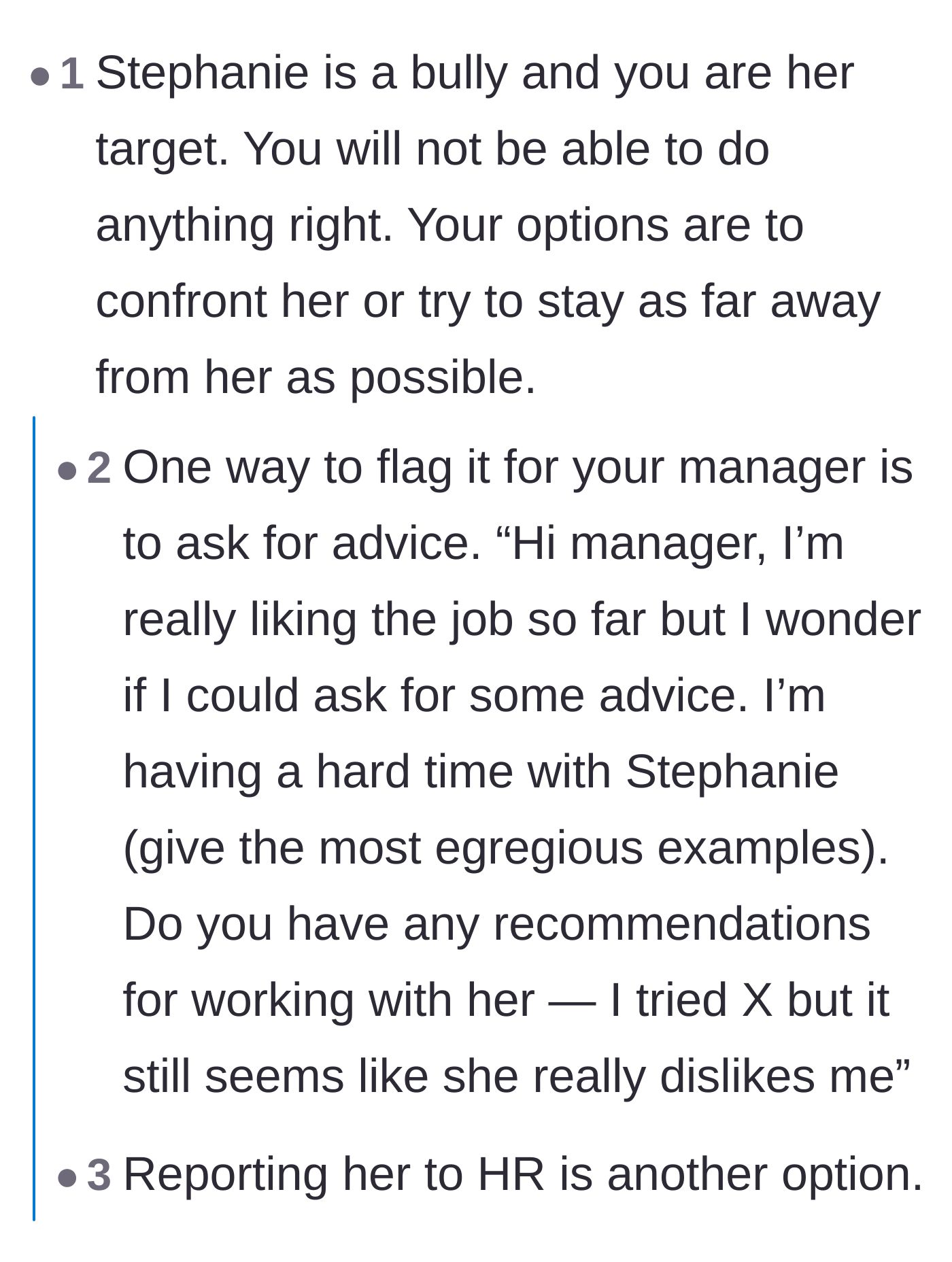Comment thread 6 - A strategic tip on how to report the bullying to a manager by asking for advice.