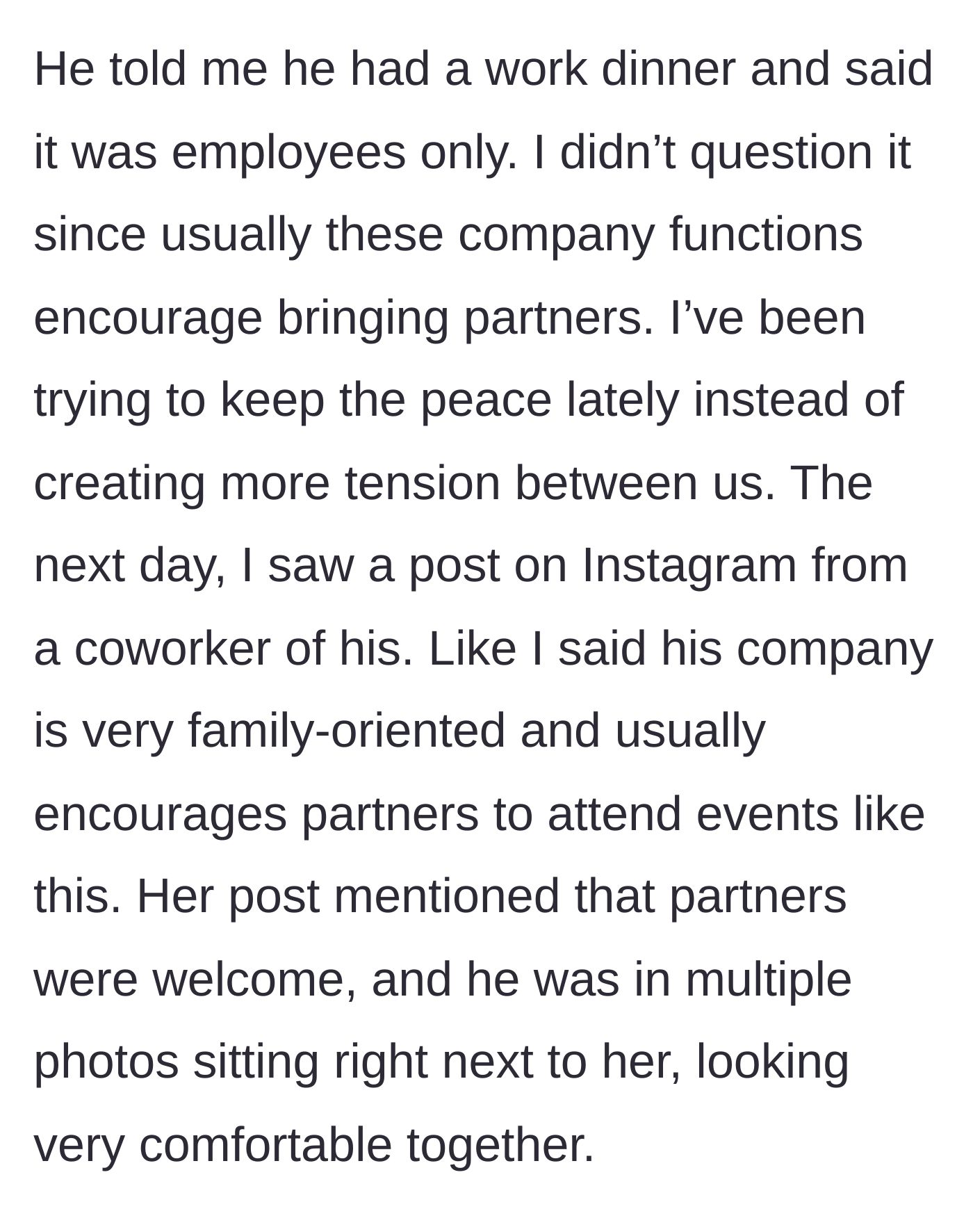 Story part 2 - Discovering the lie about the company dinner through an Instagram post where partners were actually welcome.