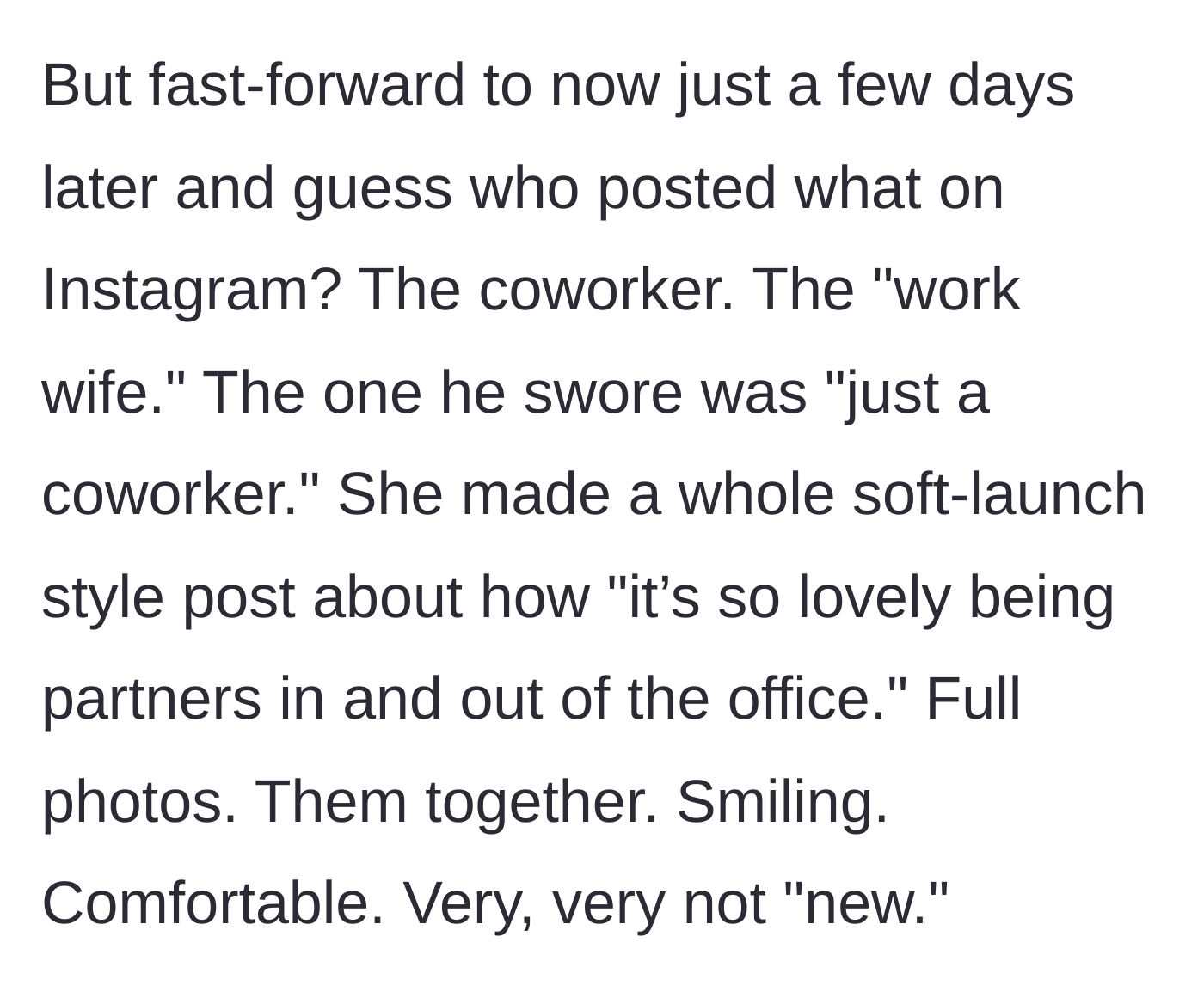 Story part 8 - The coworker's Instagram soft launch proving the affair with photos both in and out of the office.