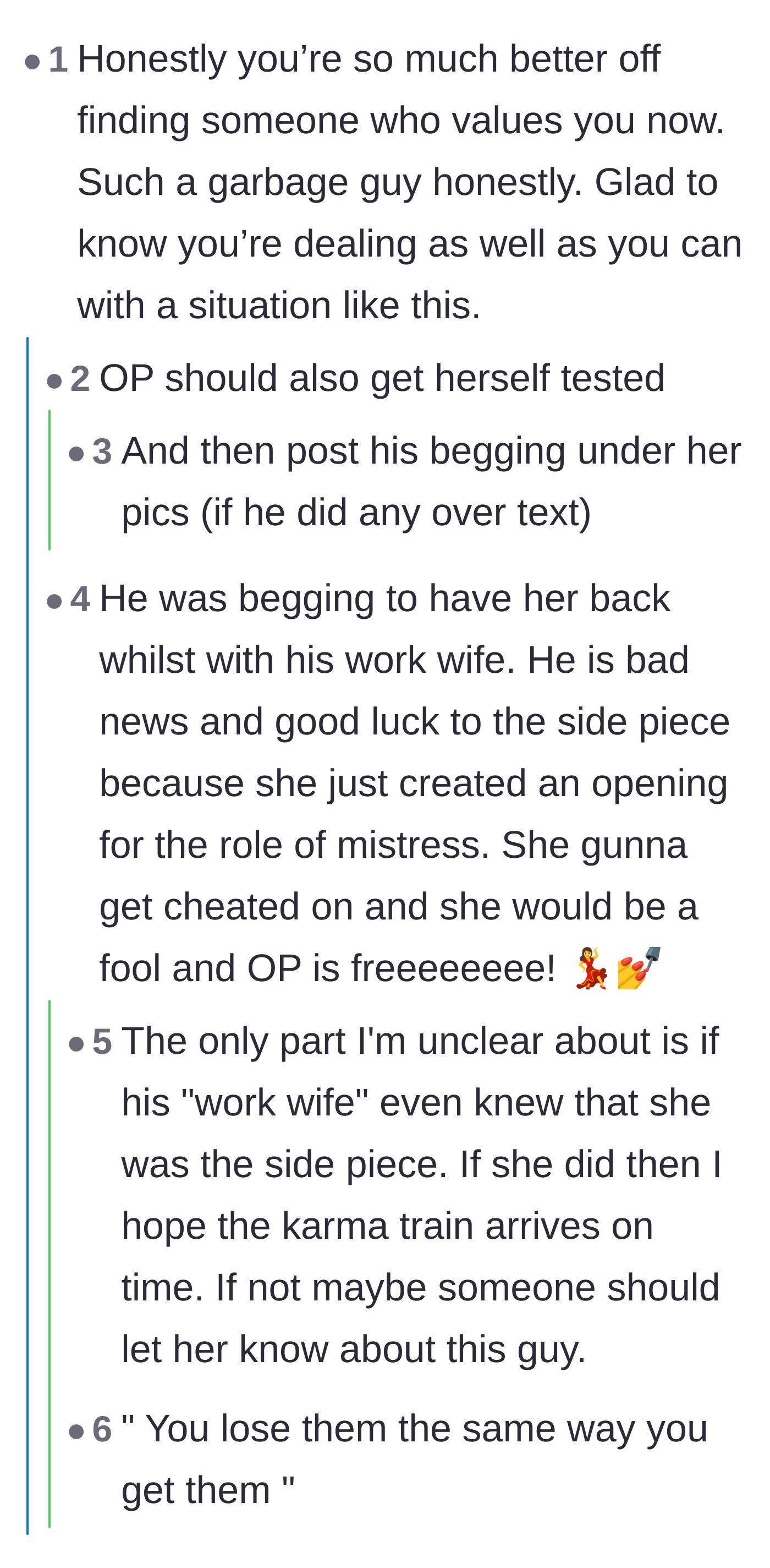 Comment thread 1 - Advice on getting tested and suggestions to publicly post his begging texts to expose the timeline