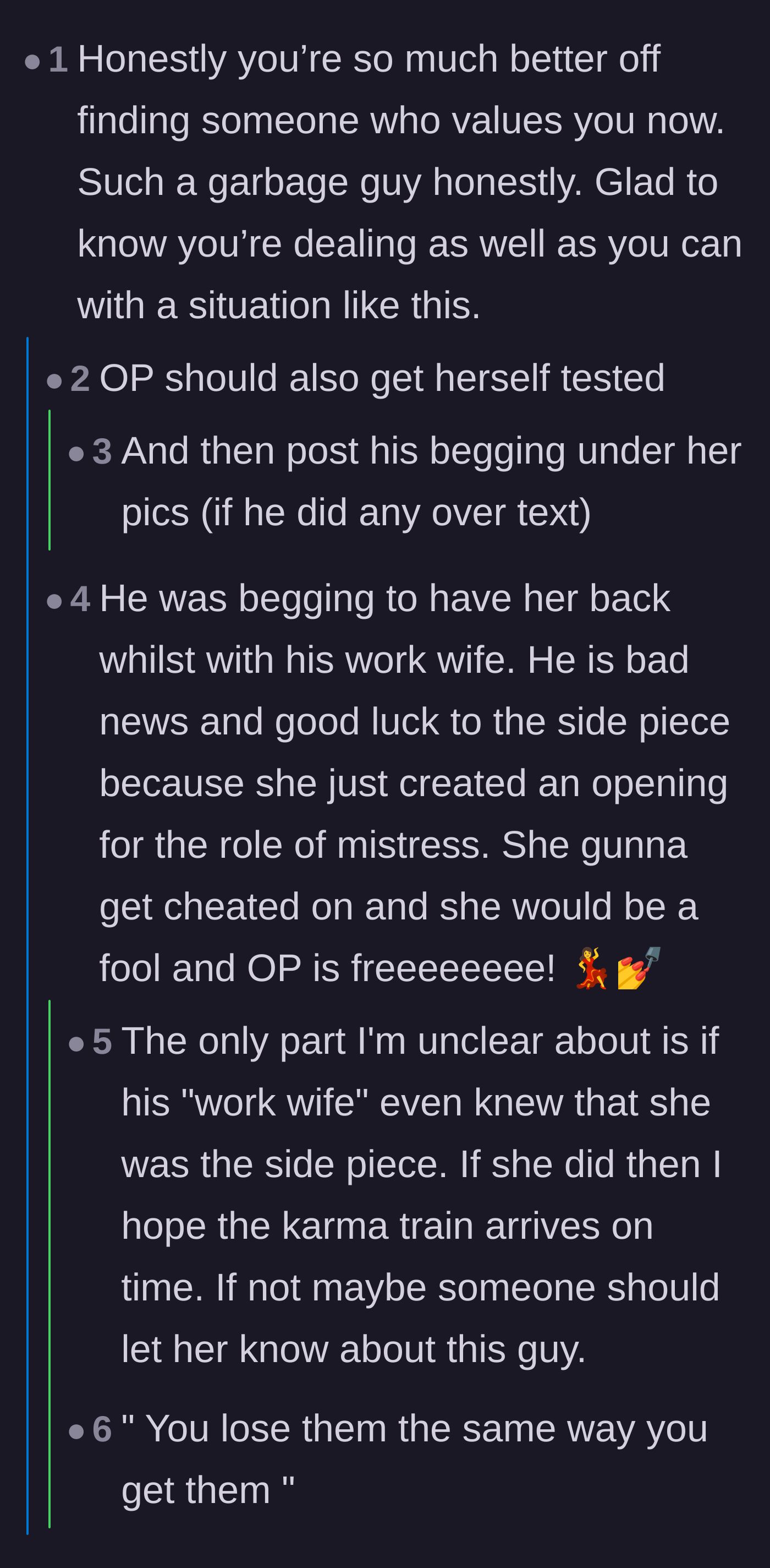 Comment thread 1 - Advice on getting tested and suggestions to publicly post his begging texts to expose the timeline